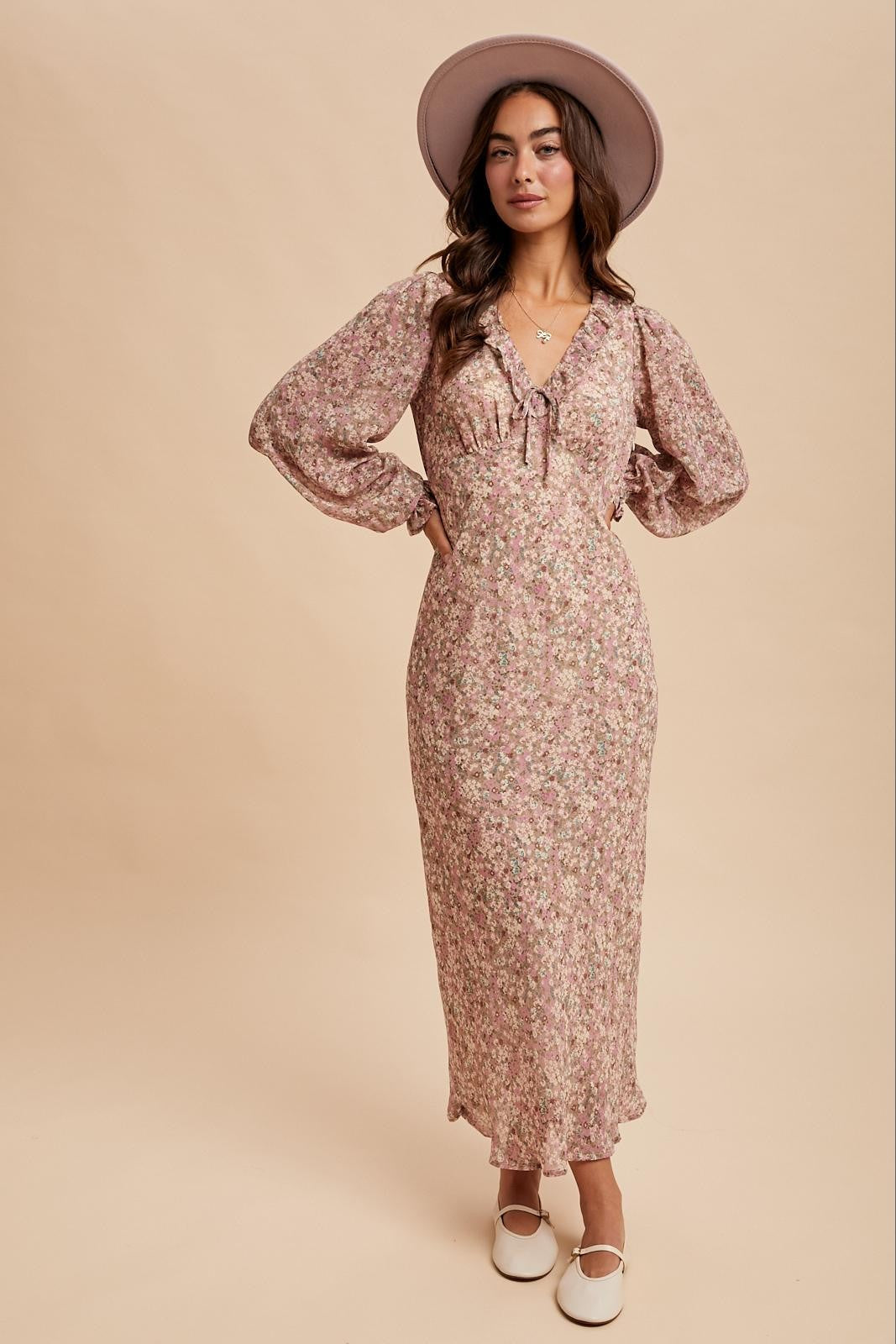 Ruffled Vintage Taupe Floral Maxi Dress