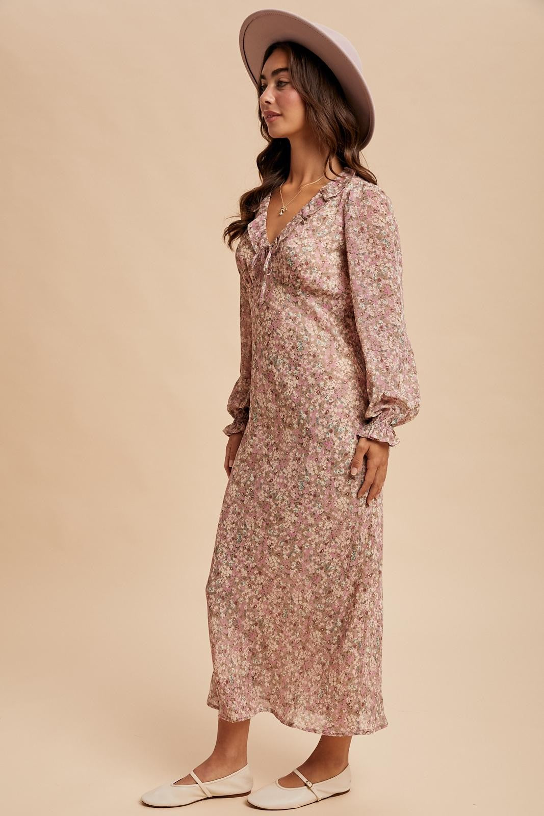 Ruffled Vintage Taupe Floral Maxi Dress