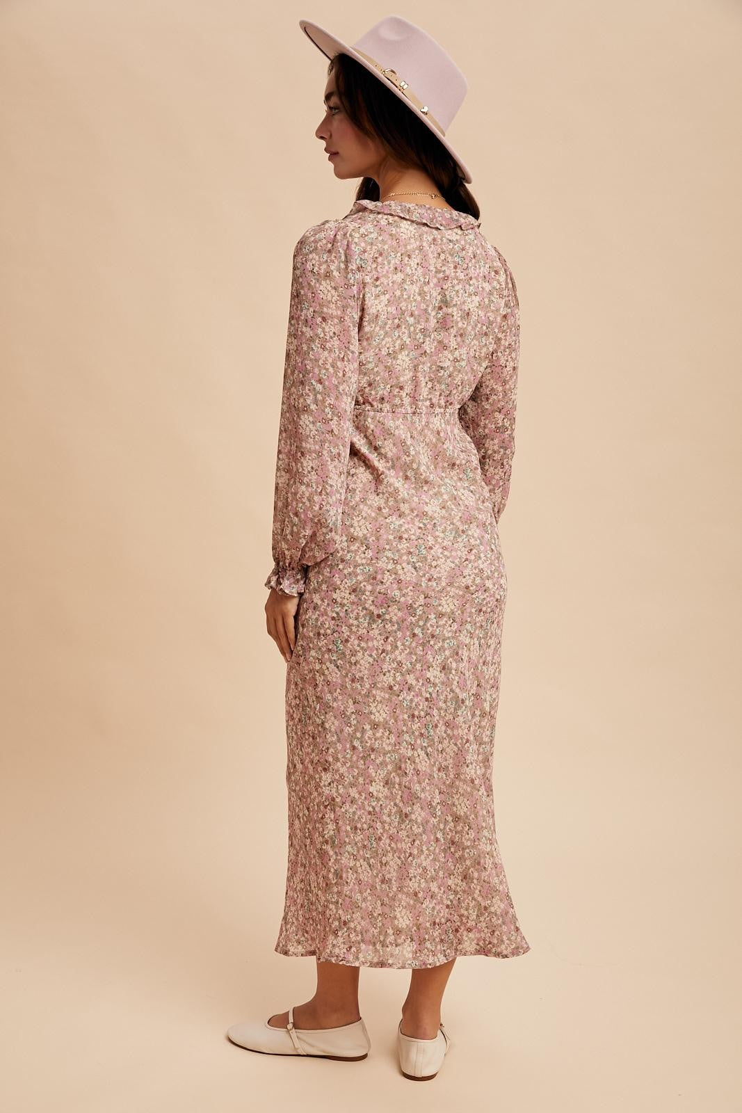 Ruffled Vintage Taupe Floral Maxi Dress