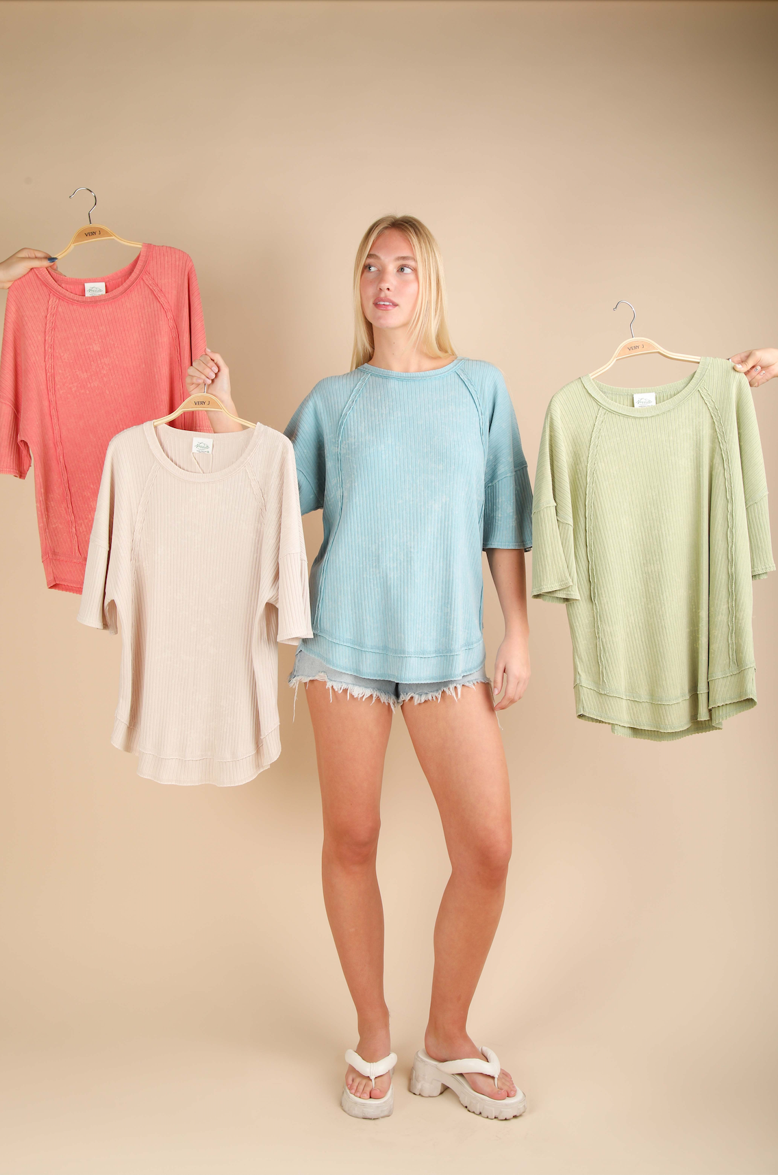 Tan Mineral Washed Oversized Ribbed Knit Casual Top