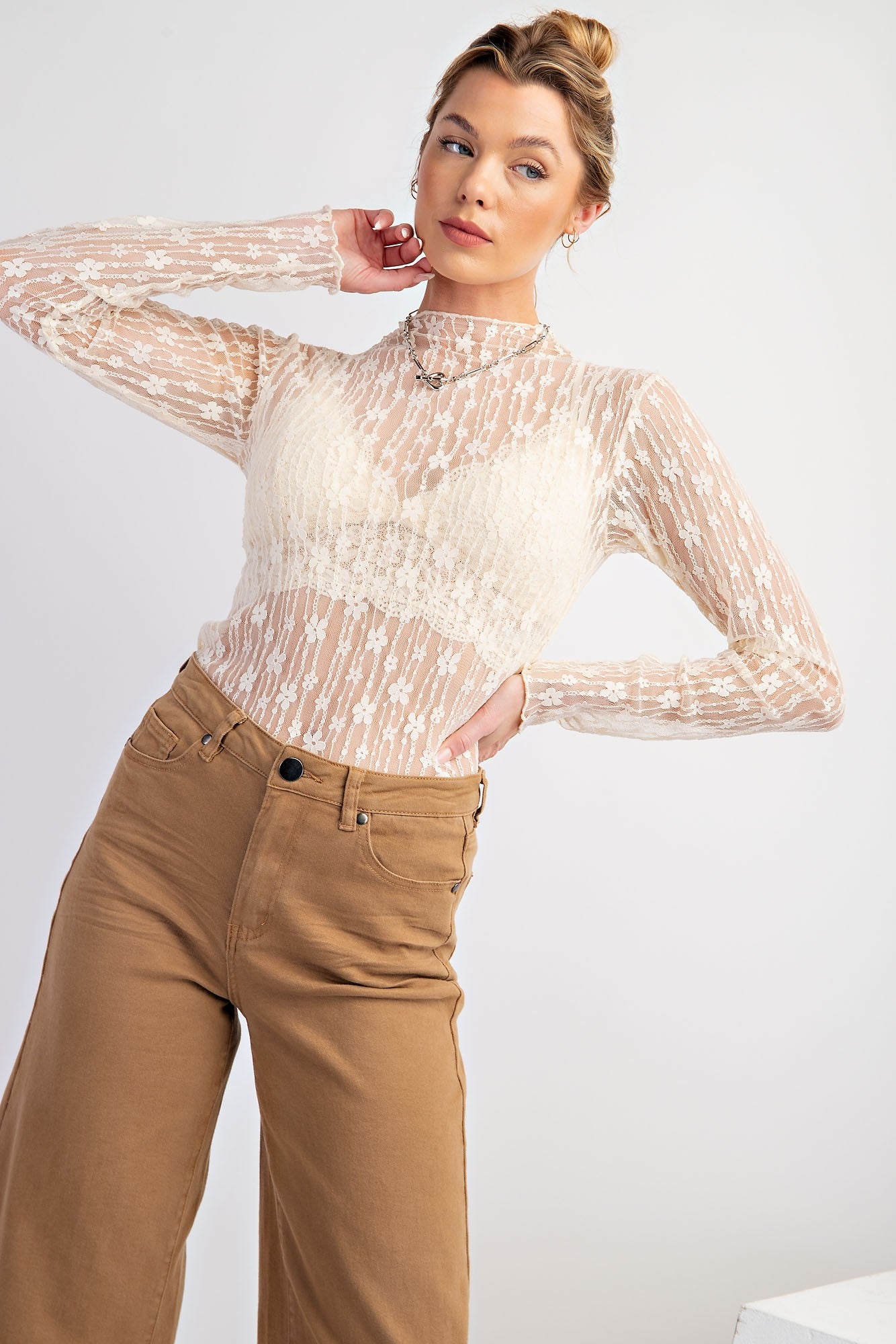See Through Ivory Floral Lace Top