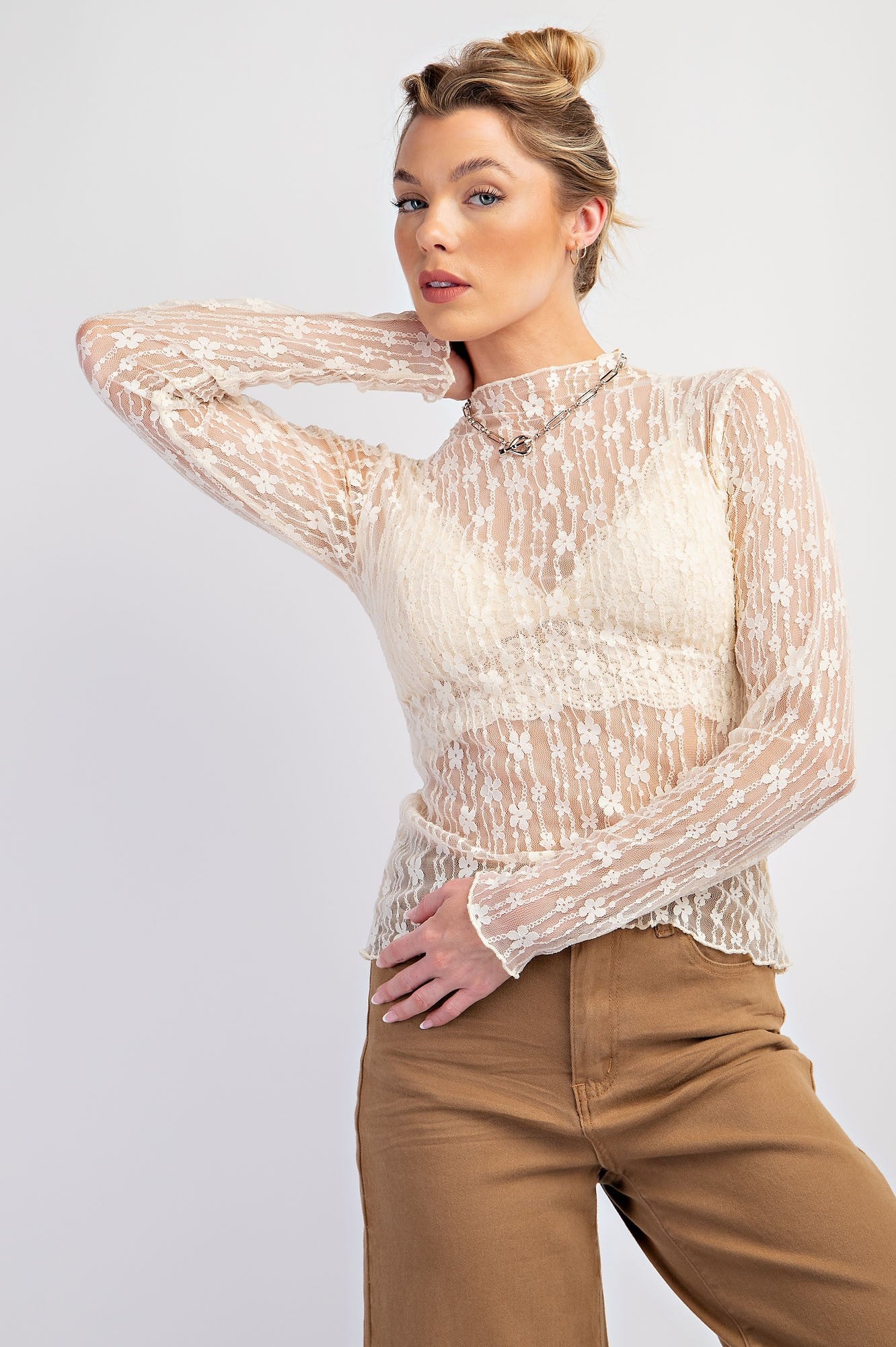 See Through Ivory Floral Lace Top