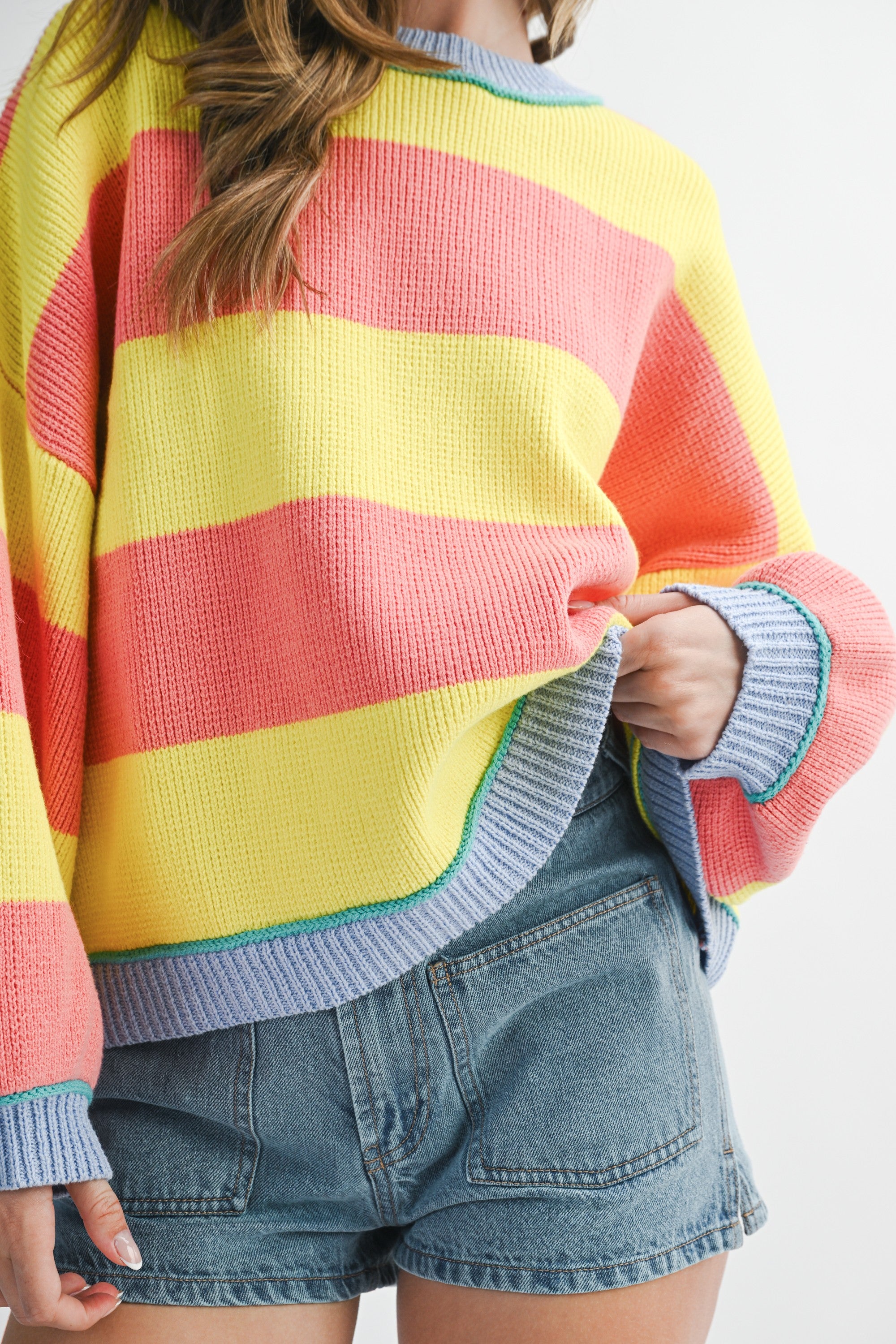 Sunburst Striped Knit Crewneck Pullover Sweater