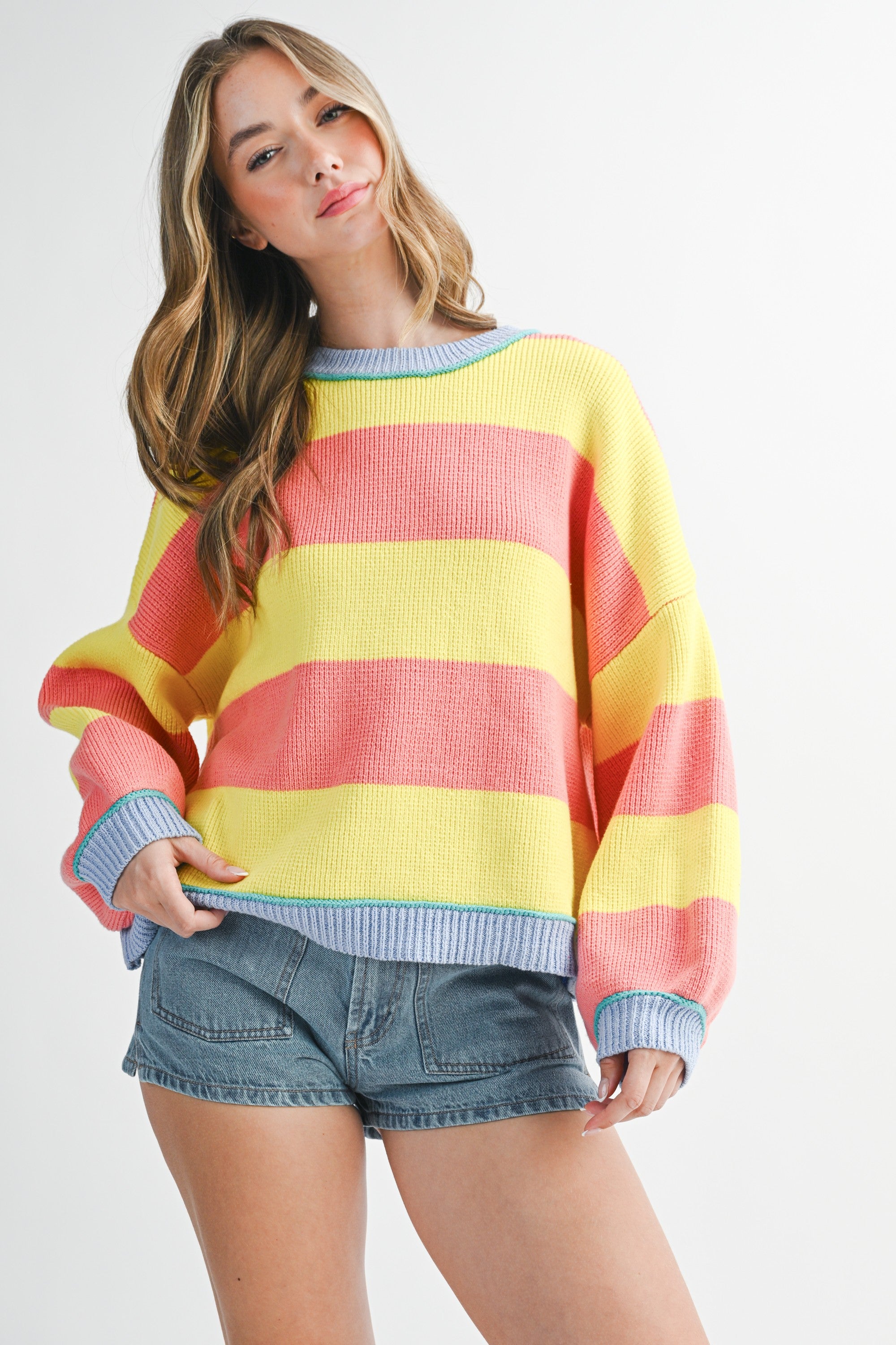 Sunburst Striped Knit Crewneck Pullover Sweater