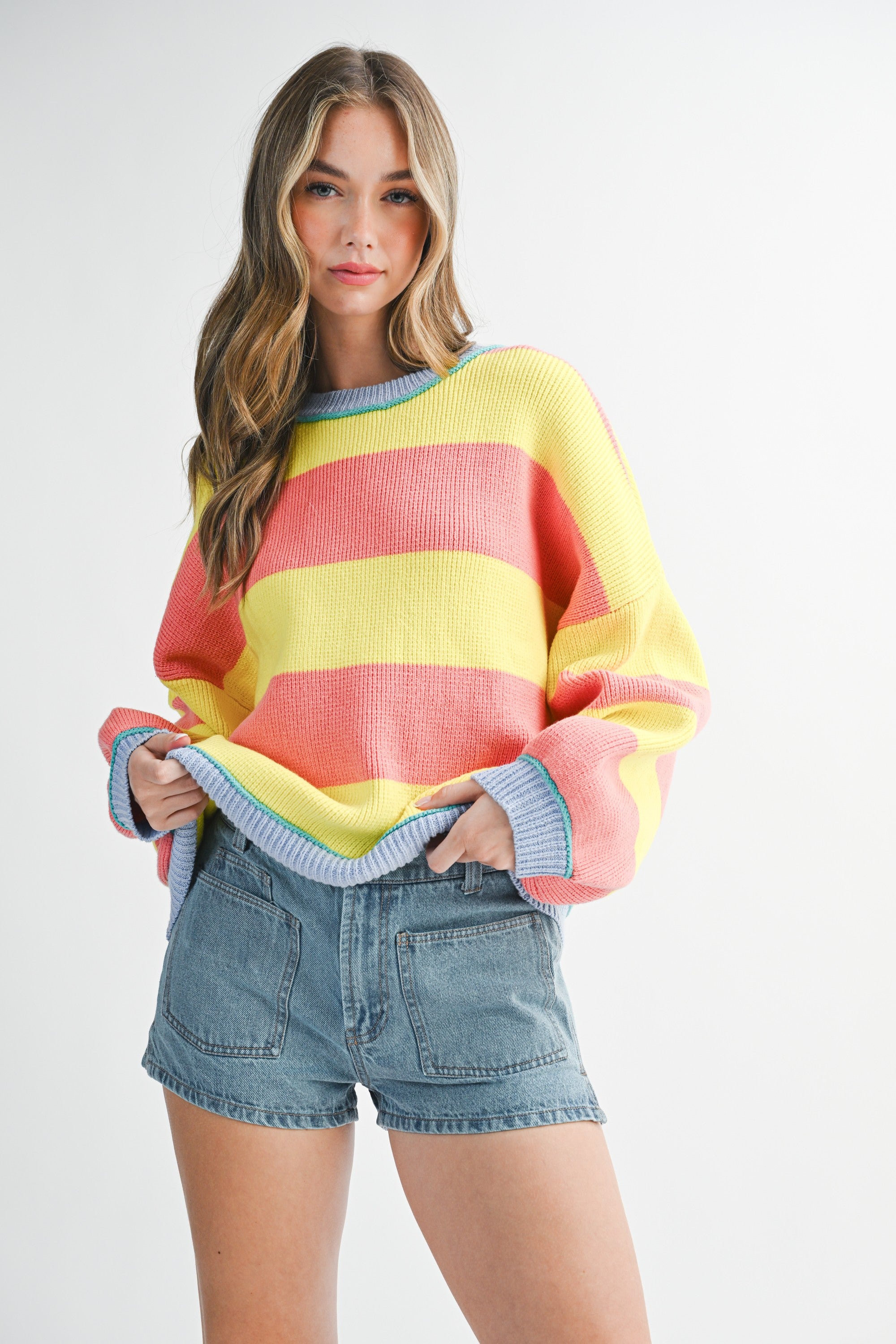 Sunburst Striped Knit Crewneck Pullover Sweater
