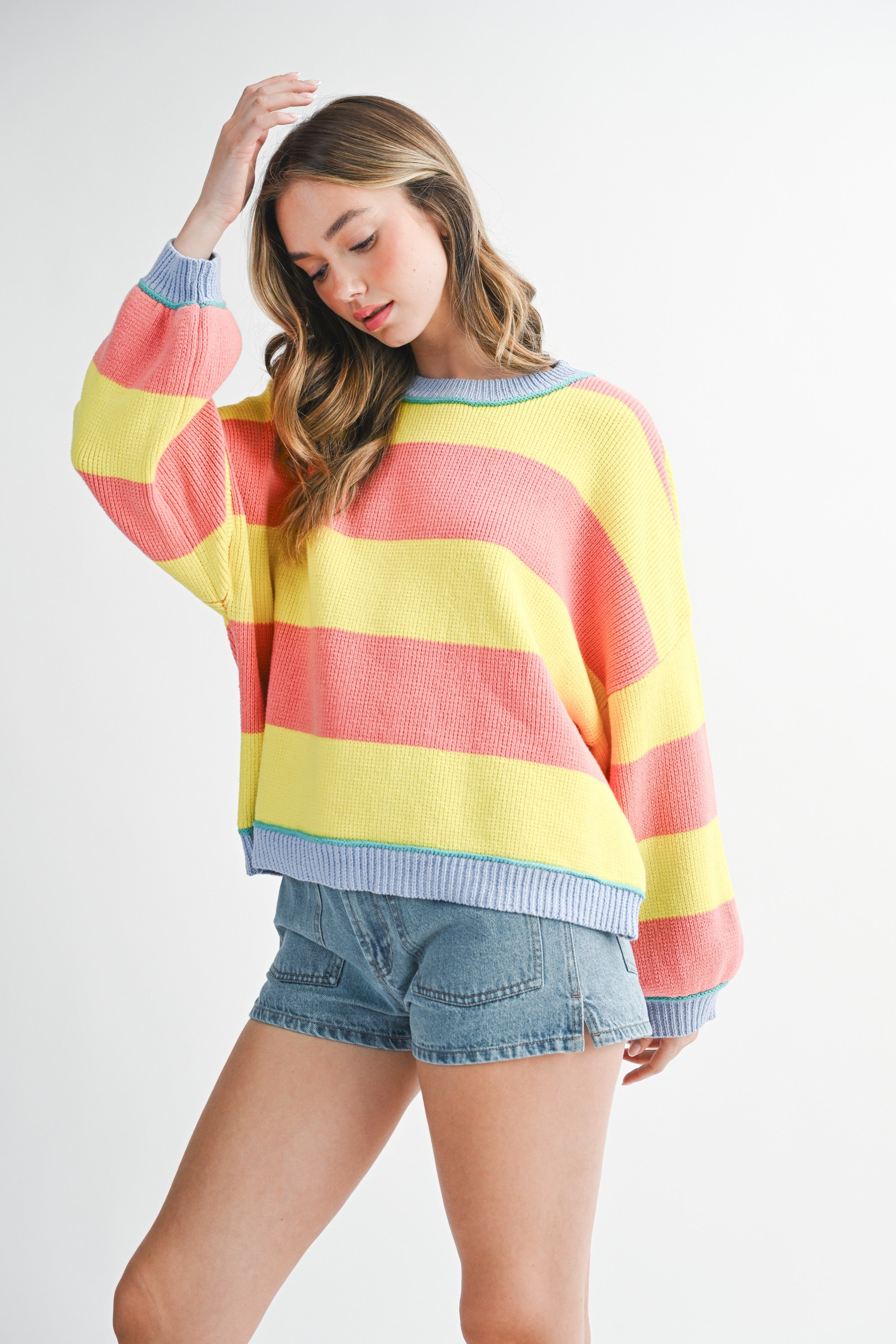 Sunburst Striped Knit Crewneck Pullover Sweater