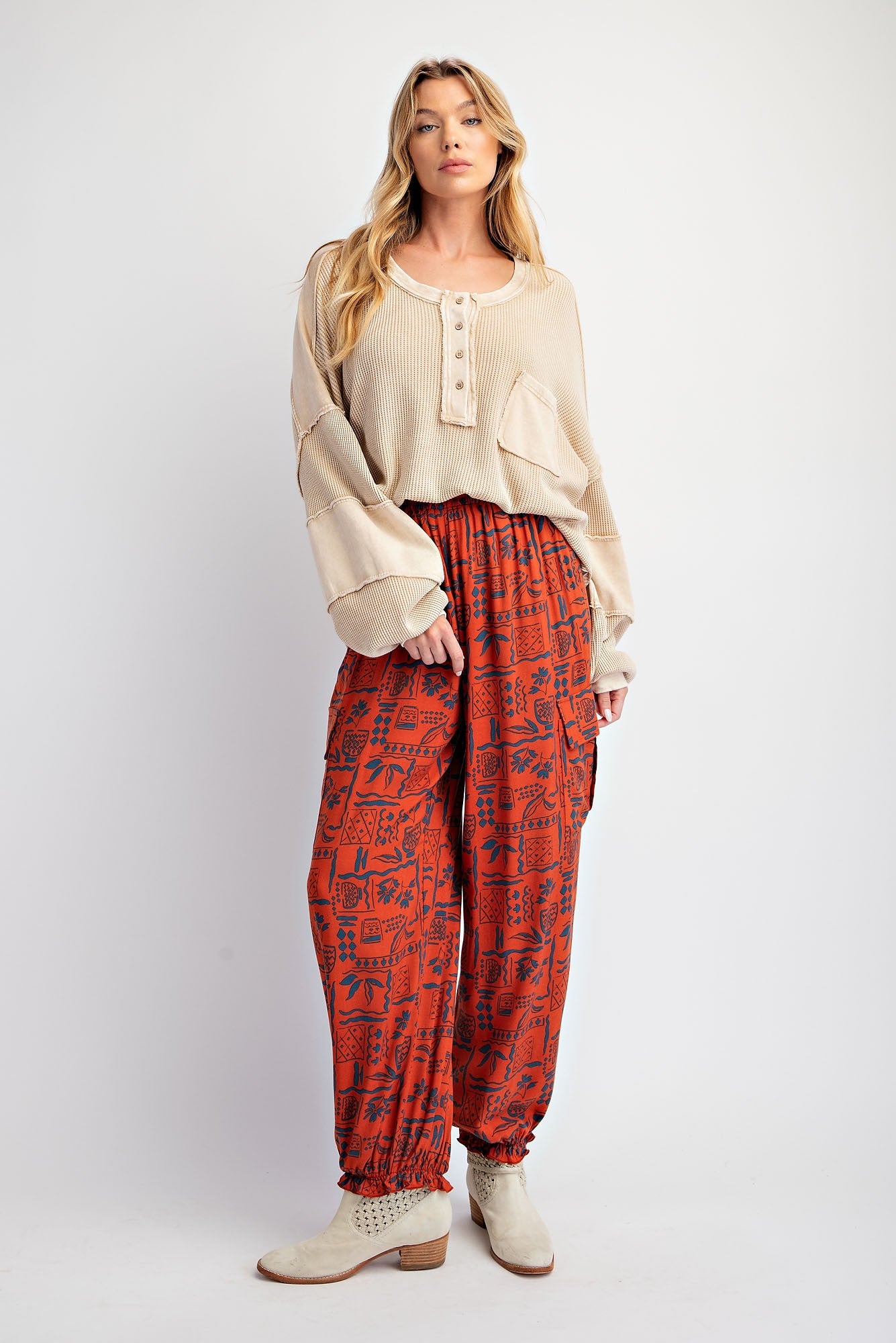 Thermal Mix Terry Knit Khaki Mineral Washed Henley Top