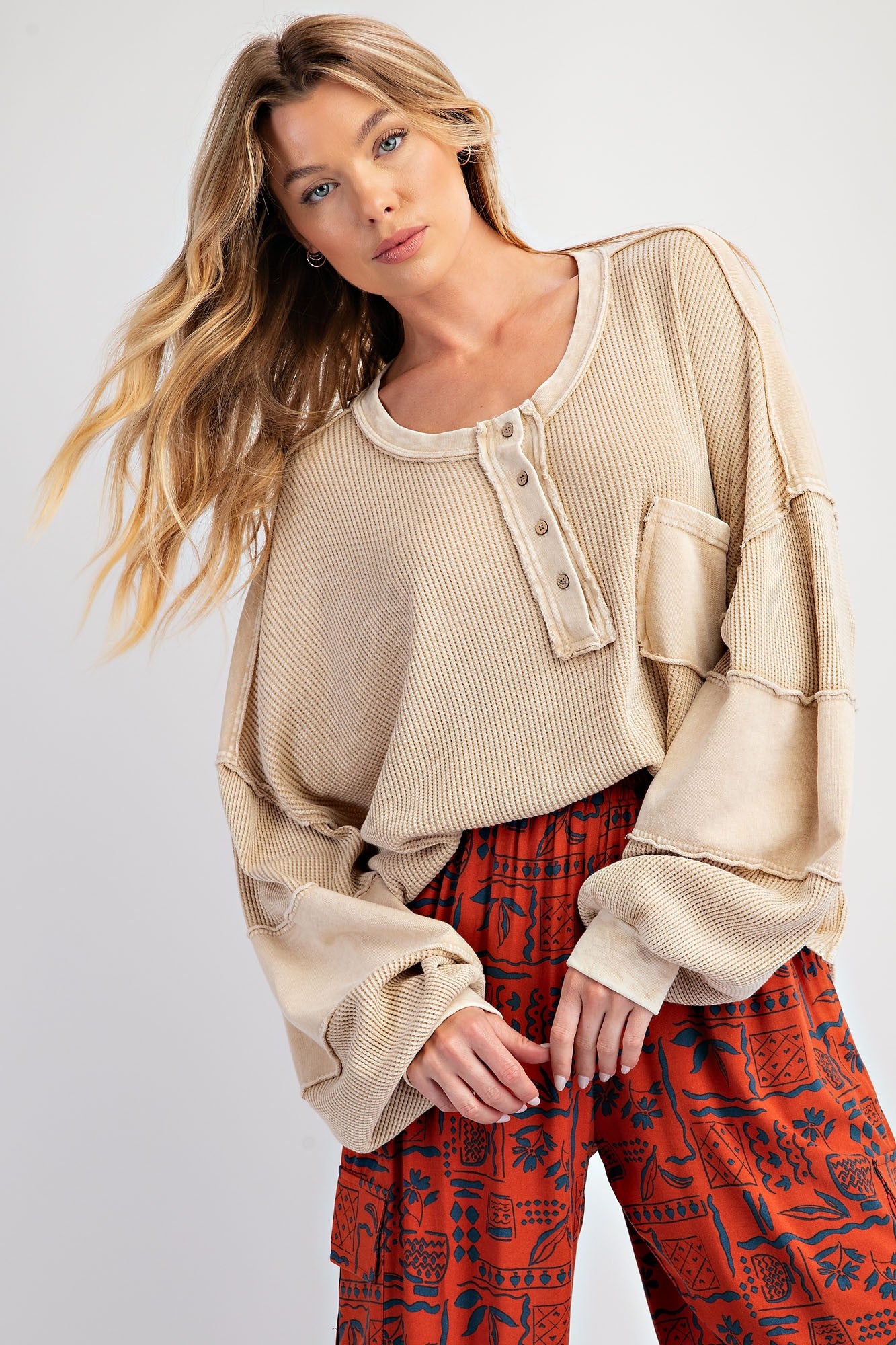 Thermal Mix Terry Knit Khaki Mineral Washed Henley Top