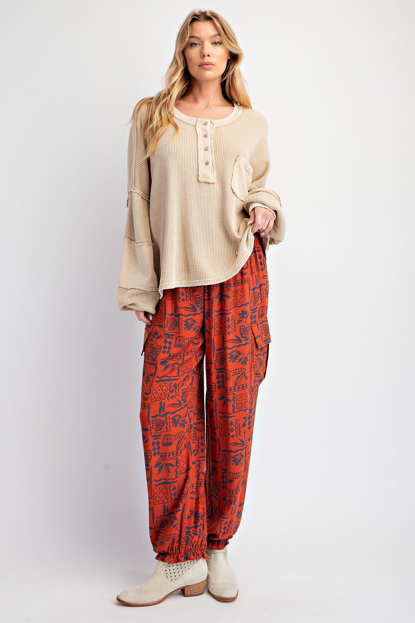 Thermal Mix Terry Knit Khaki Mineral Washed Henley Top