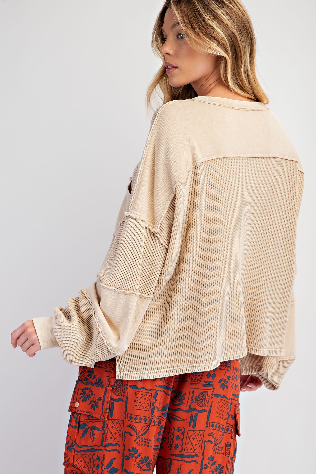 Thermal Mix Terry Knit Khaki Mineral Washed Henley Top