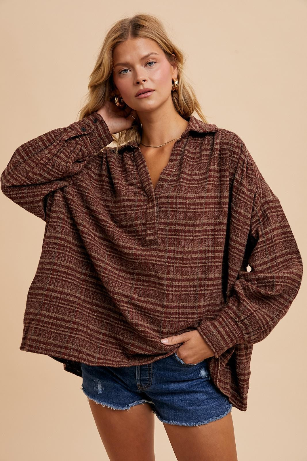 Tweed Mahoganey Plaid Oversized Collared Blouse