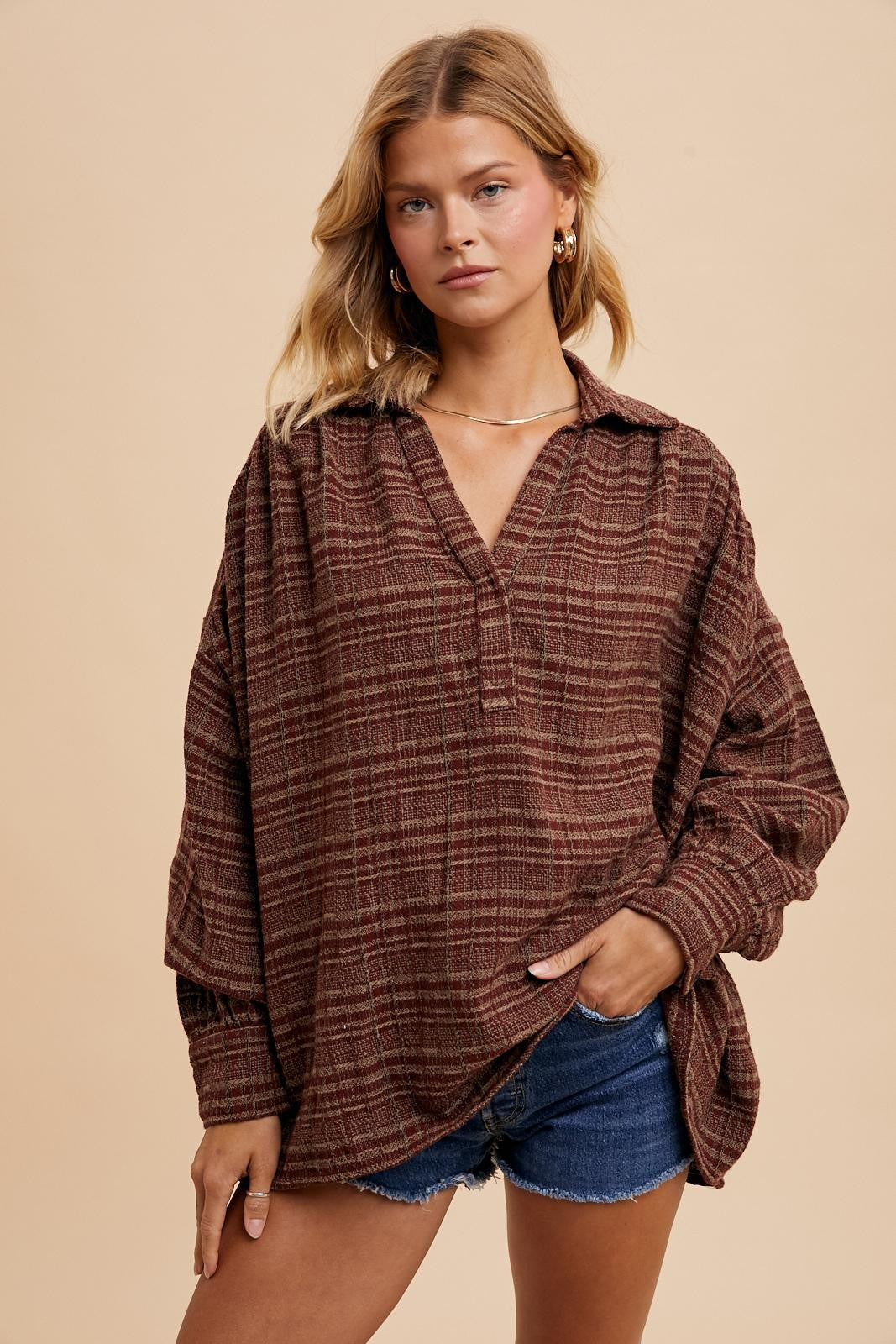 Tweed Mahoganey Plaid Oversized Collared Blouse