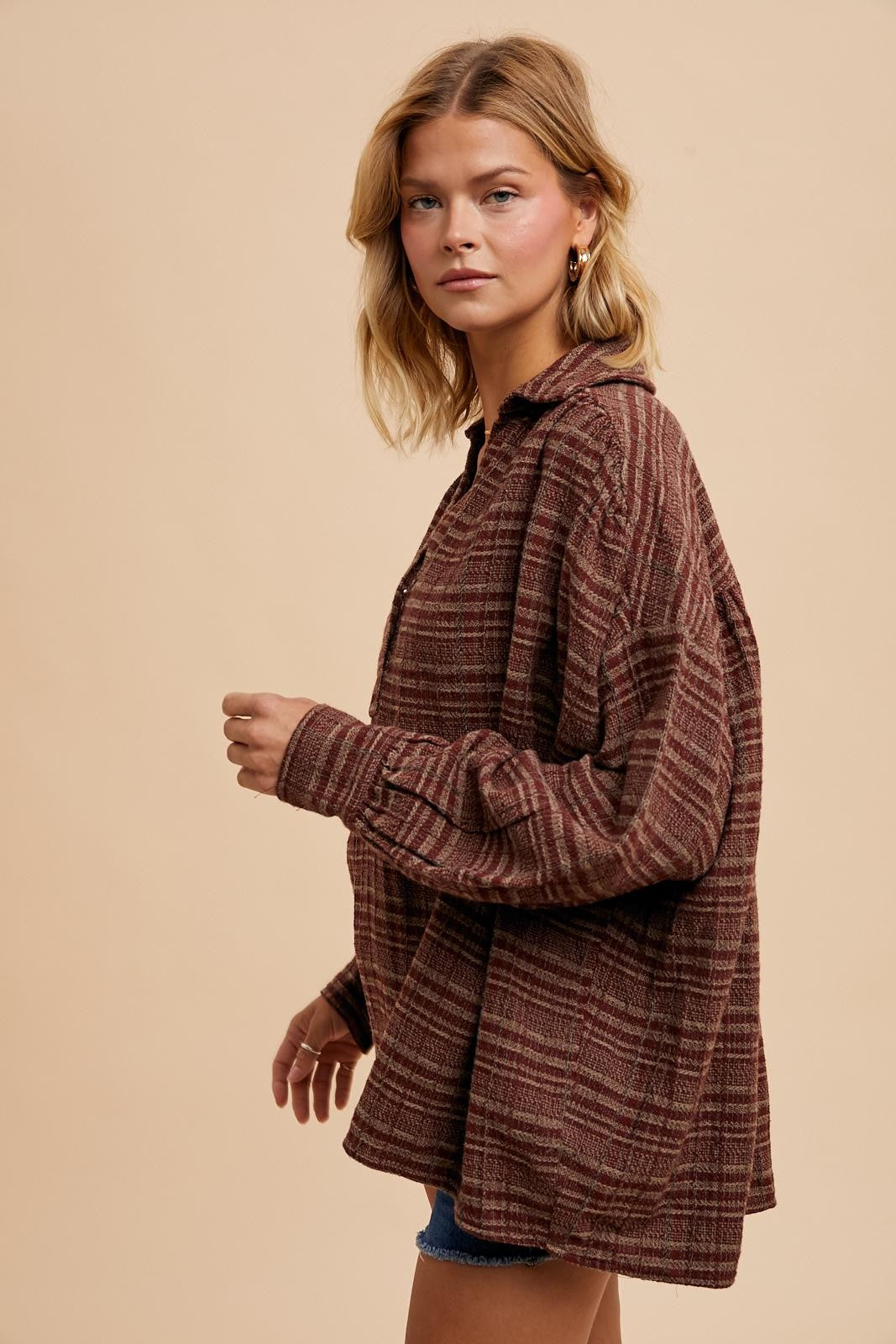 Tweed Mahoganey Plaid Oversized Collared Blouse