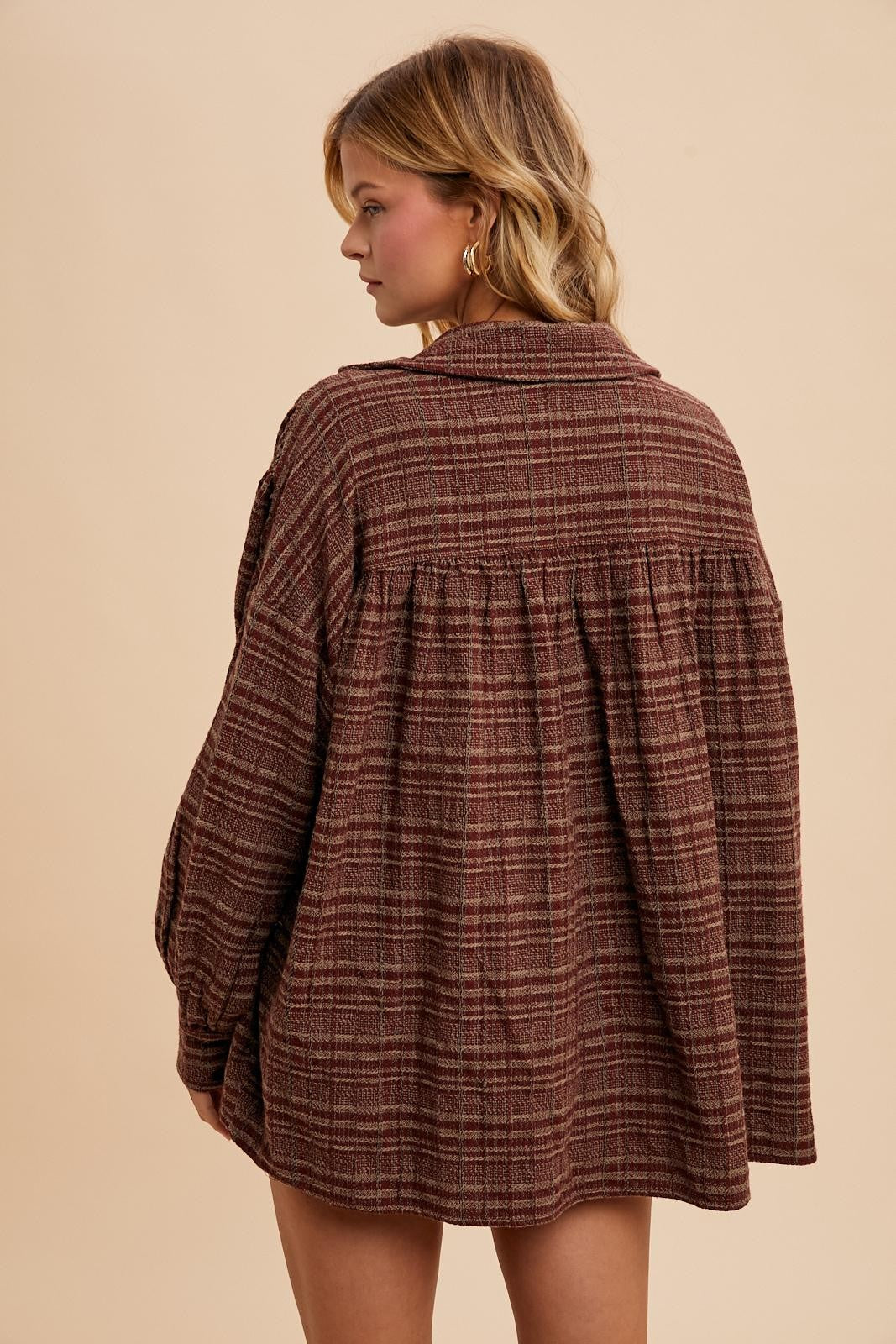 Tweed Mahoganey Plaid Oversized Collared Blouse