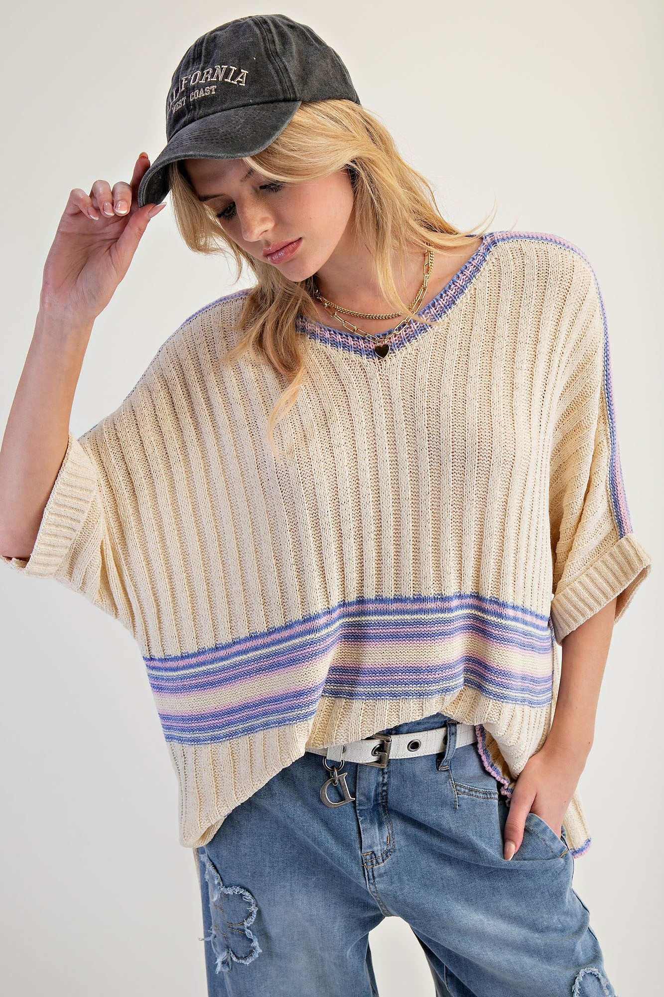 V-Neck Natural Rib Knit Sweater Top