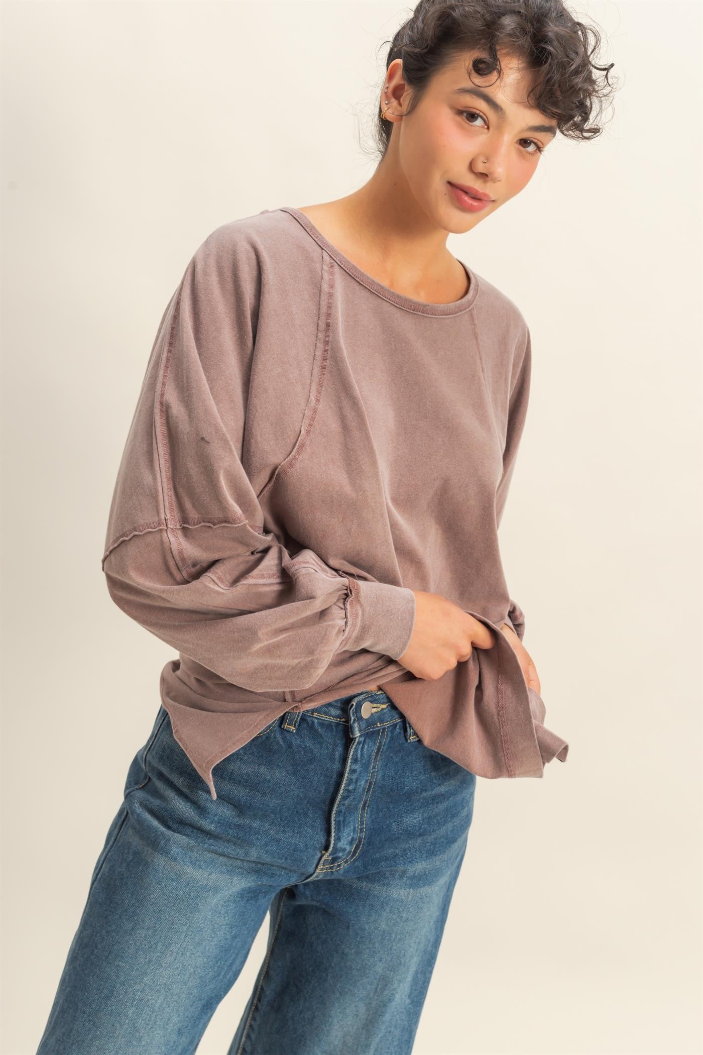 Washed Chestnut Oversized Long Sleeve Top With Slit