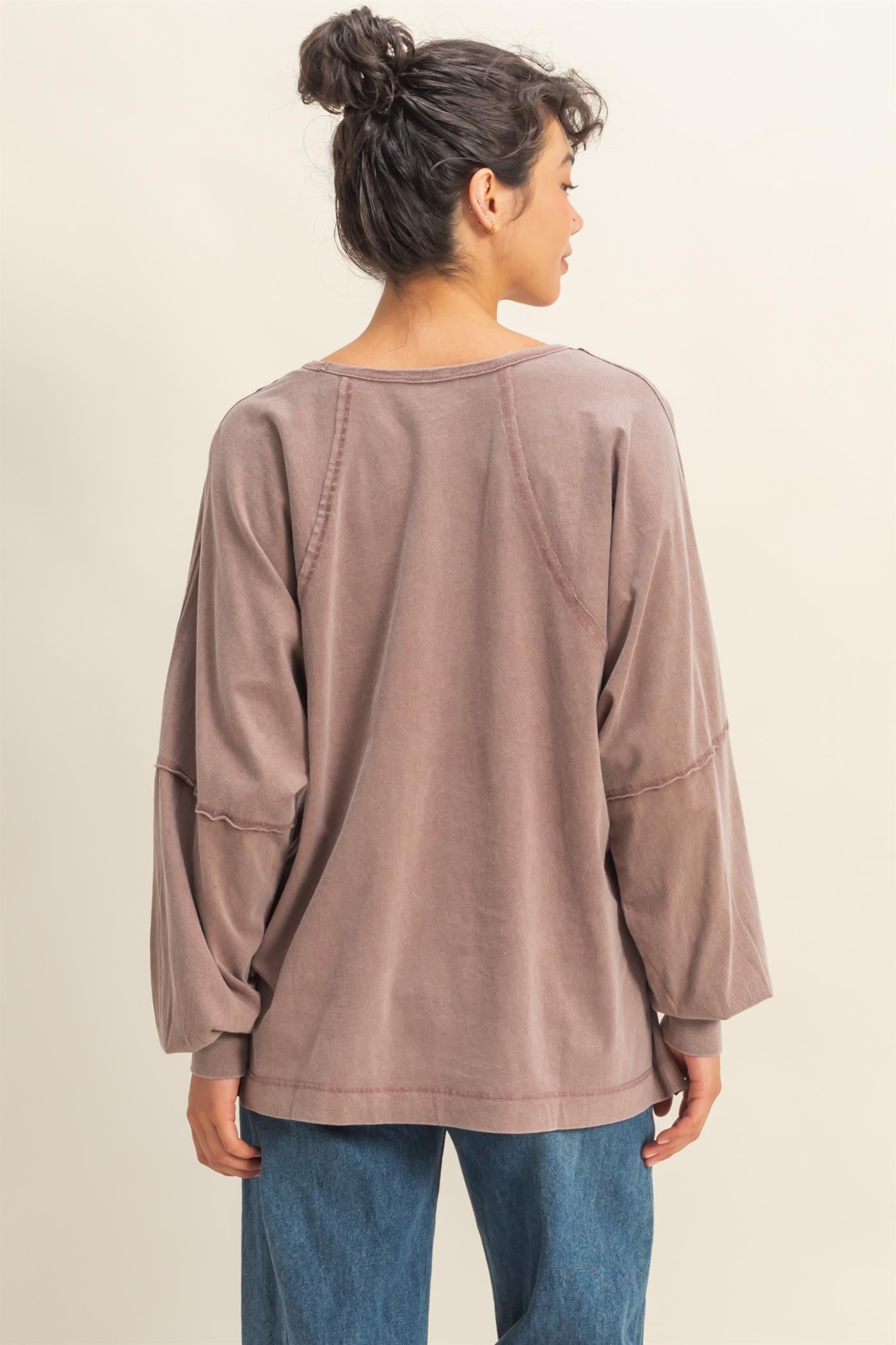 Washed Chestnut Oversized Long Sleeve Top With Slit