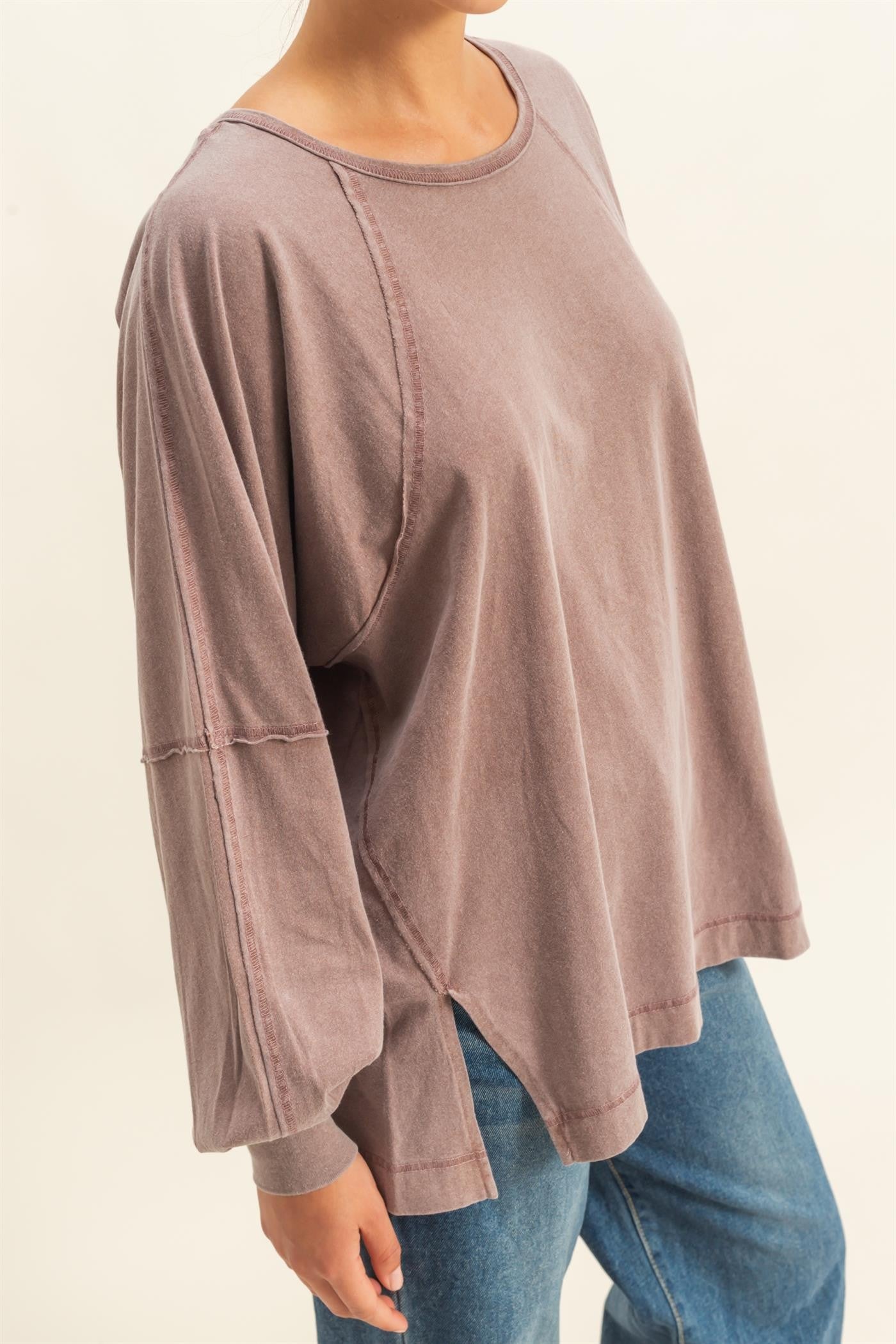 Washed Chestnut Oversized Long Sleeve Top With Slit