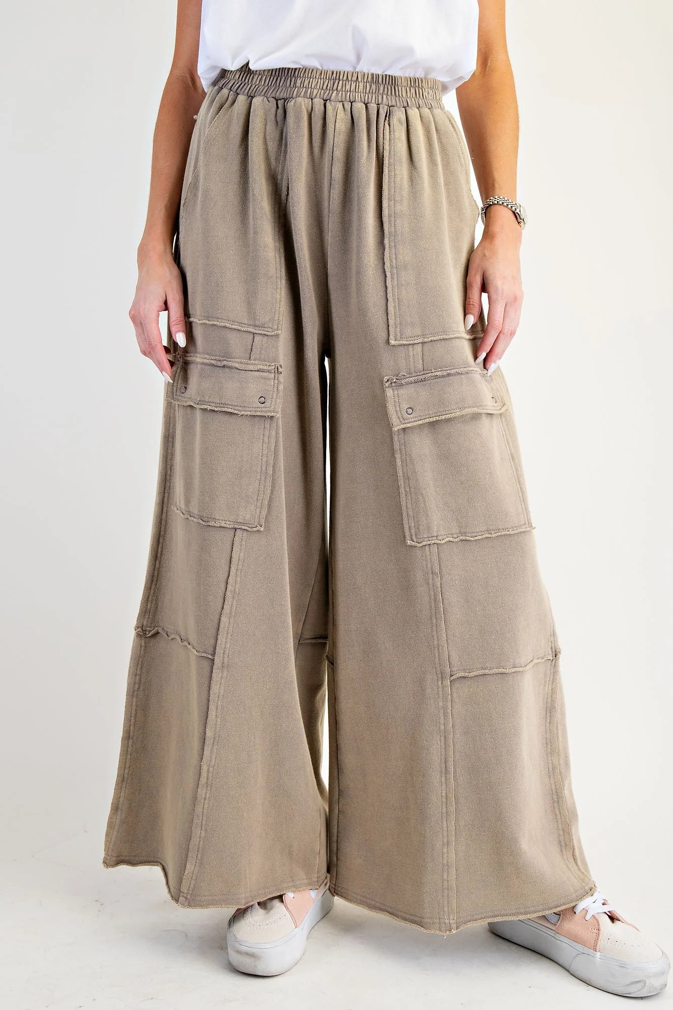 Washed Faded Olive Terry Knit Cargo Pants