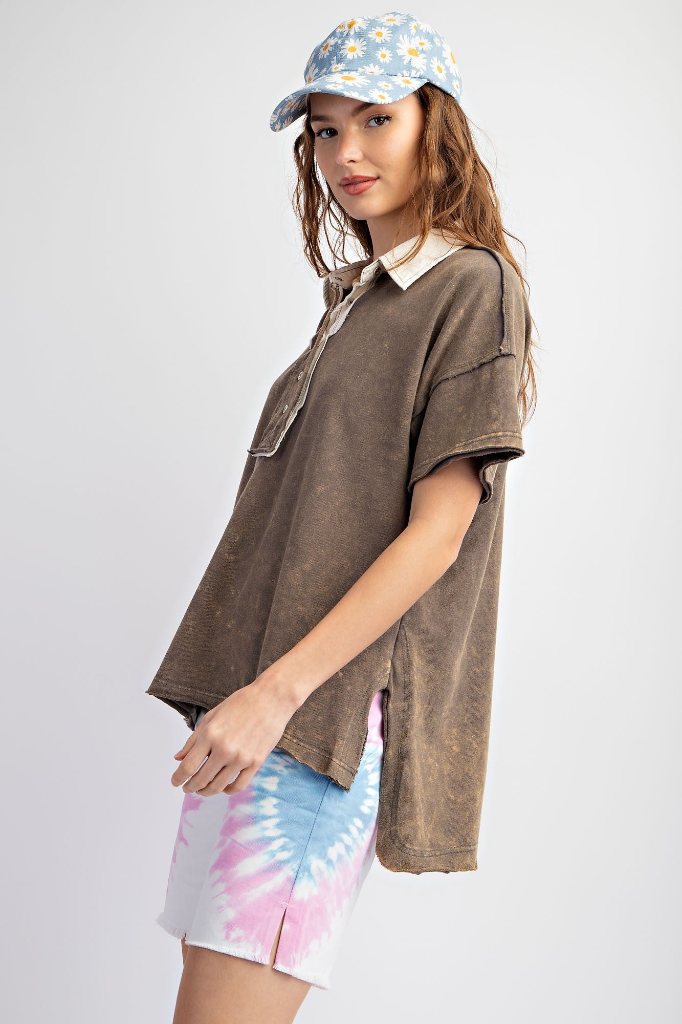 Mineral Washed Ash Brown Half Button Down Top