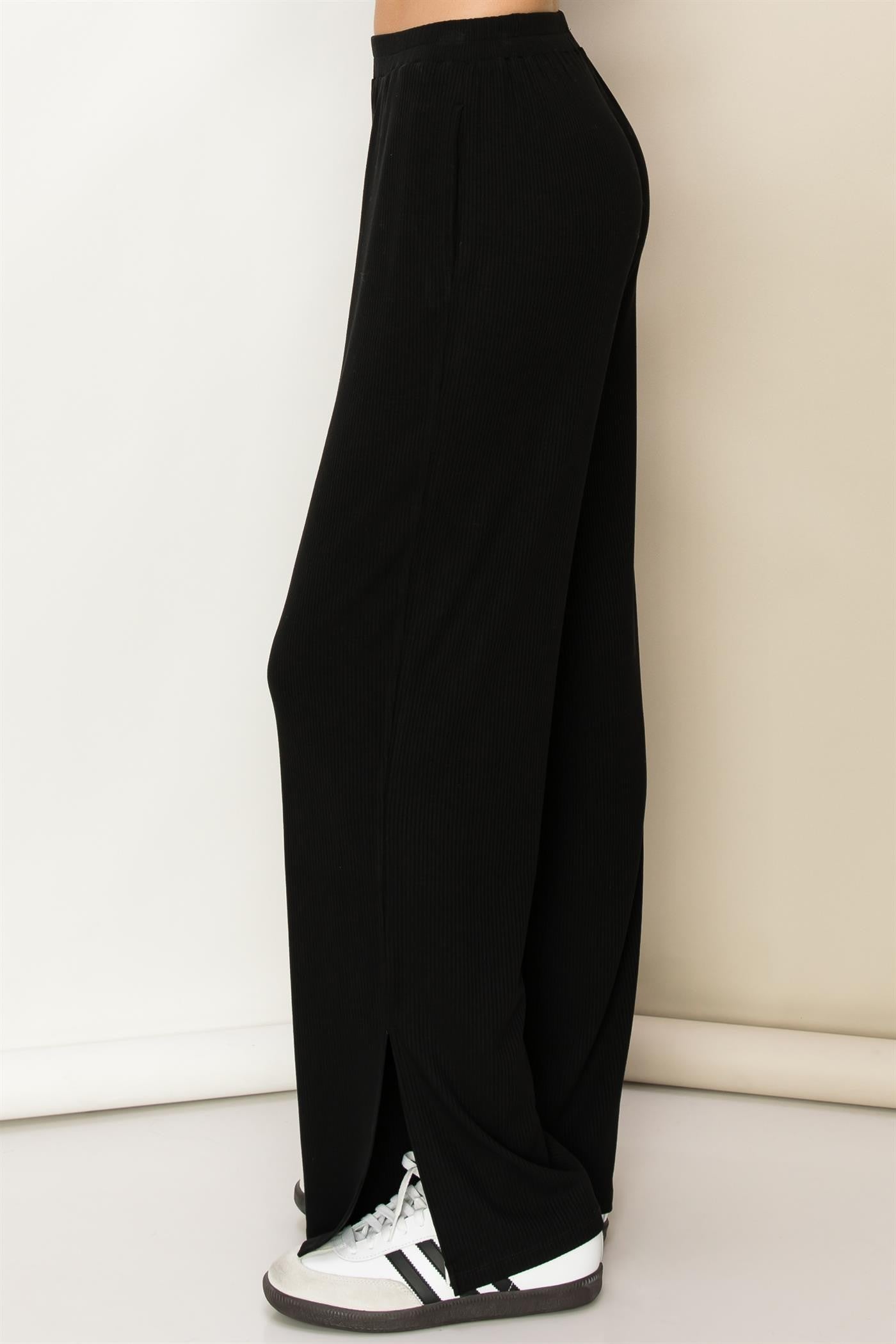 Black Ribbed Side Slit Wide Leg Pants