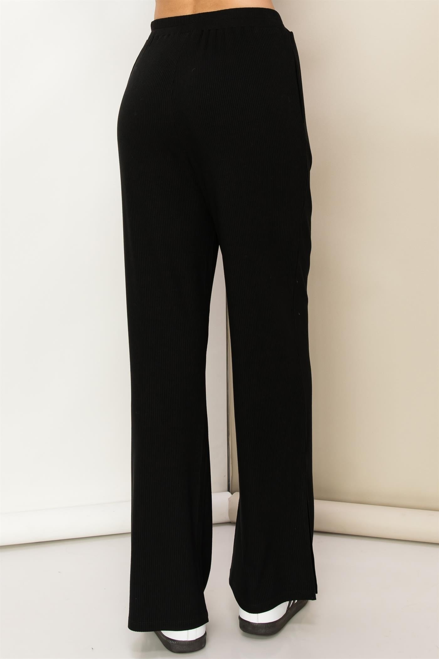 Black Ribbed Side Slit Wide Leg Pants