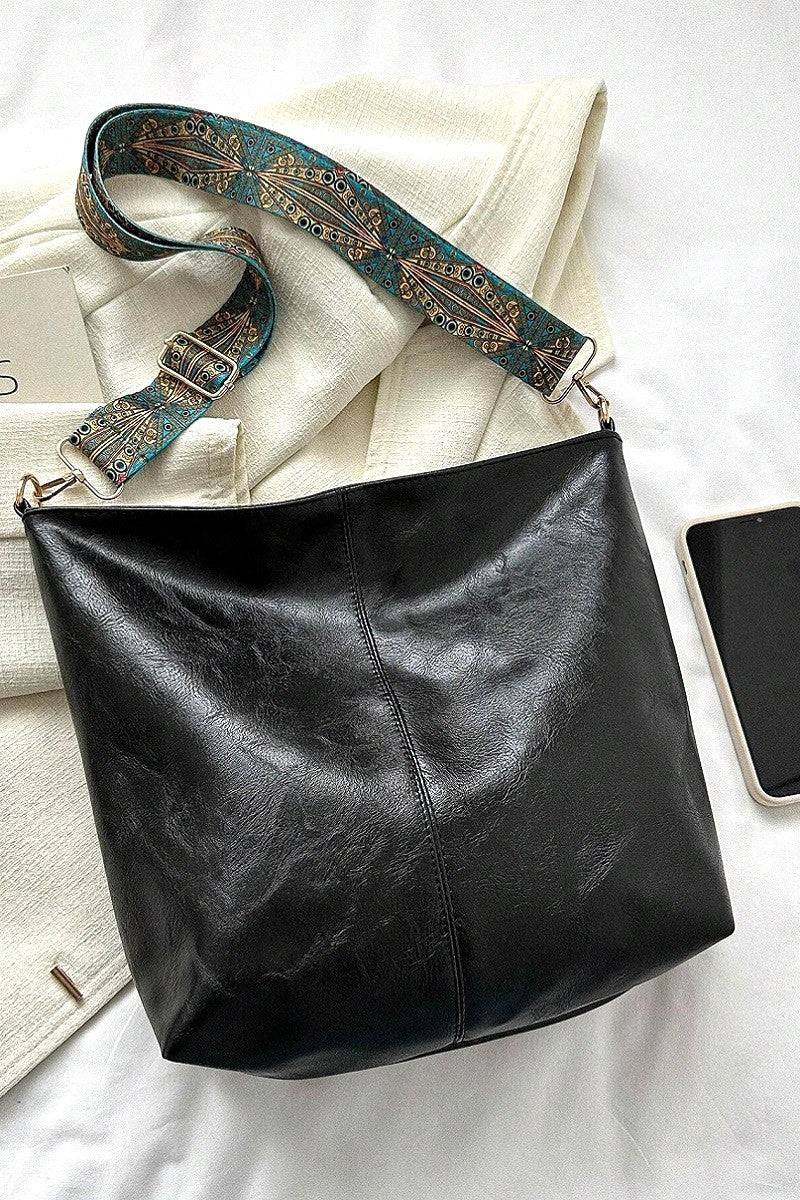 Retro Pattern Black Vegan Leather Crossbody Shoulder Bag