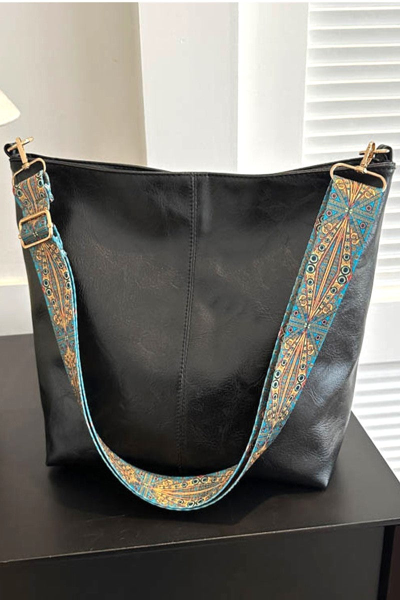 Retro Pattern Black Vegan Leather Crossbody Shoulder Bag