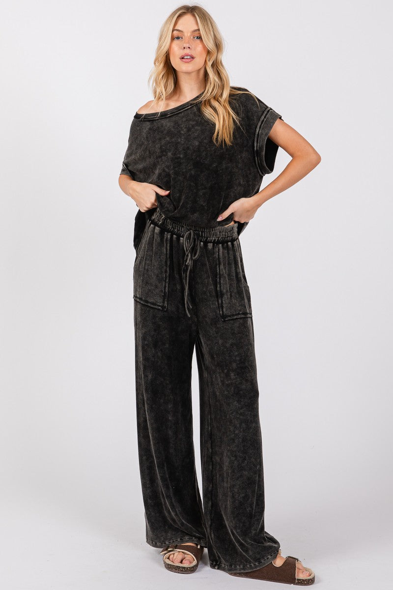 Mineral Washed Top And Pants Black Rib Set