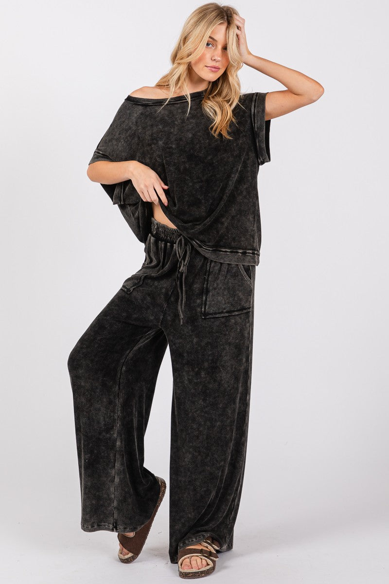 Mineral Washed Top And Pants Black Rib Set