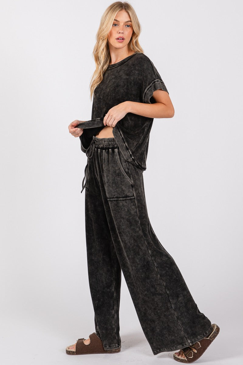 Mineral Washed Top And Pants Black Rib Set