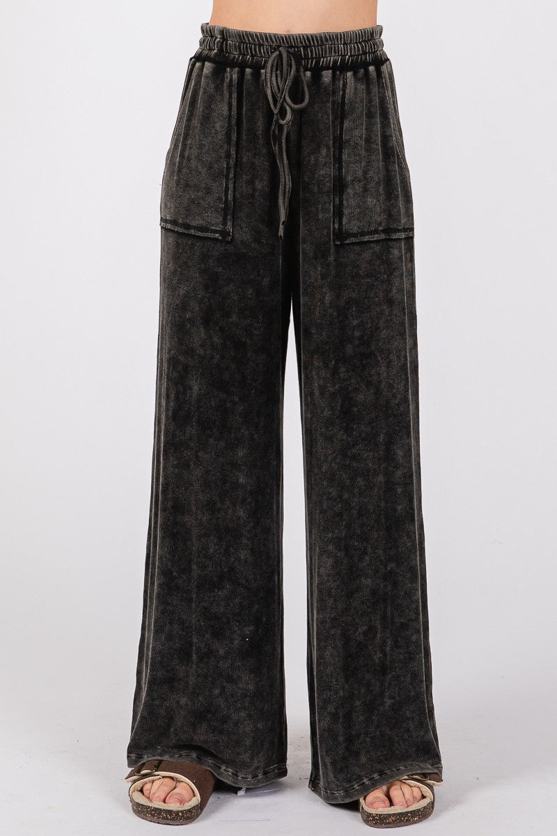 Mineral Washed Top And Pants Black Rib Set