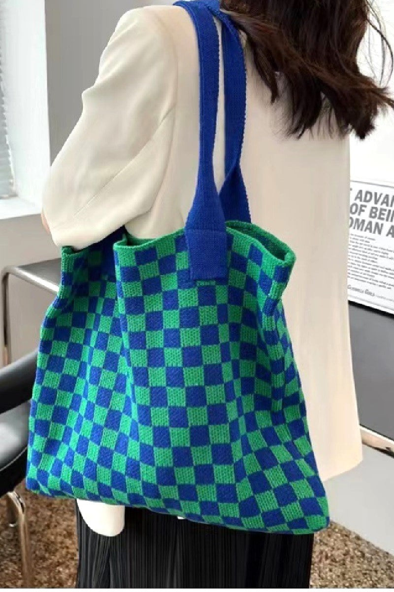 Checkered Green & Blue Crochet Knit Canvas Commuter Bag