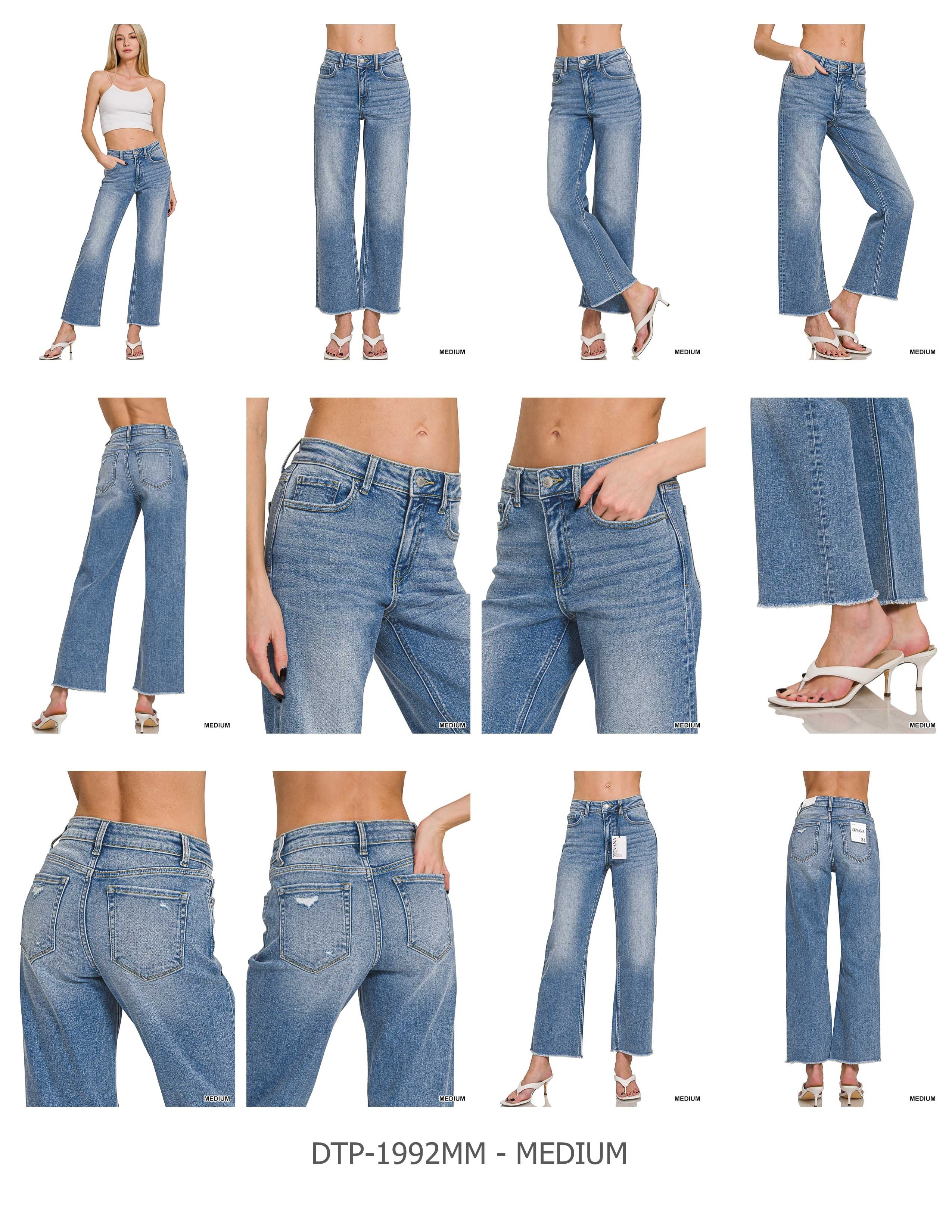 High Waist Cut Off Straight Leg Medium Wash Denim Pants
