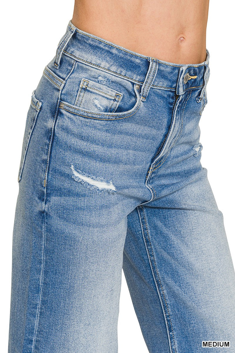 Distressed Raw Hem Medium Blue Denim Pants