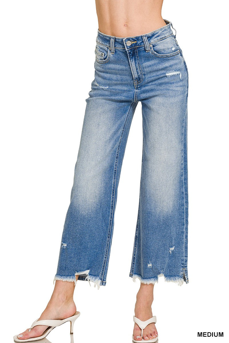 Distressed Raw Hem Medium Blue Denim Pants