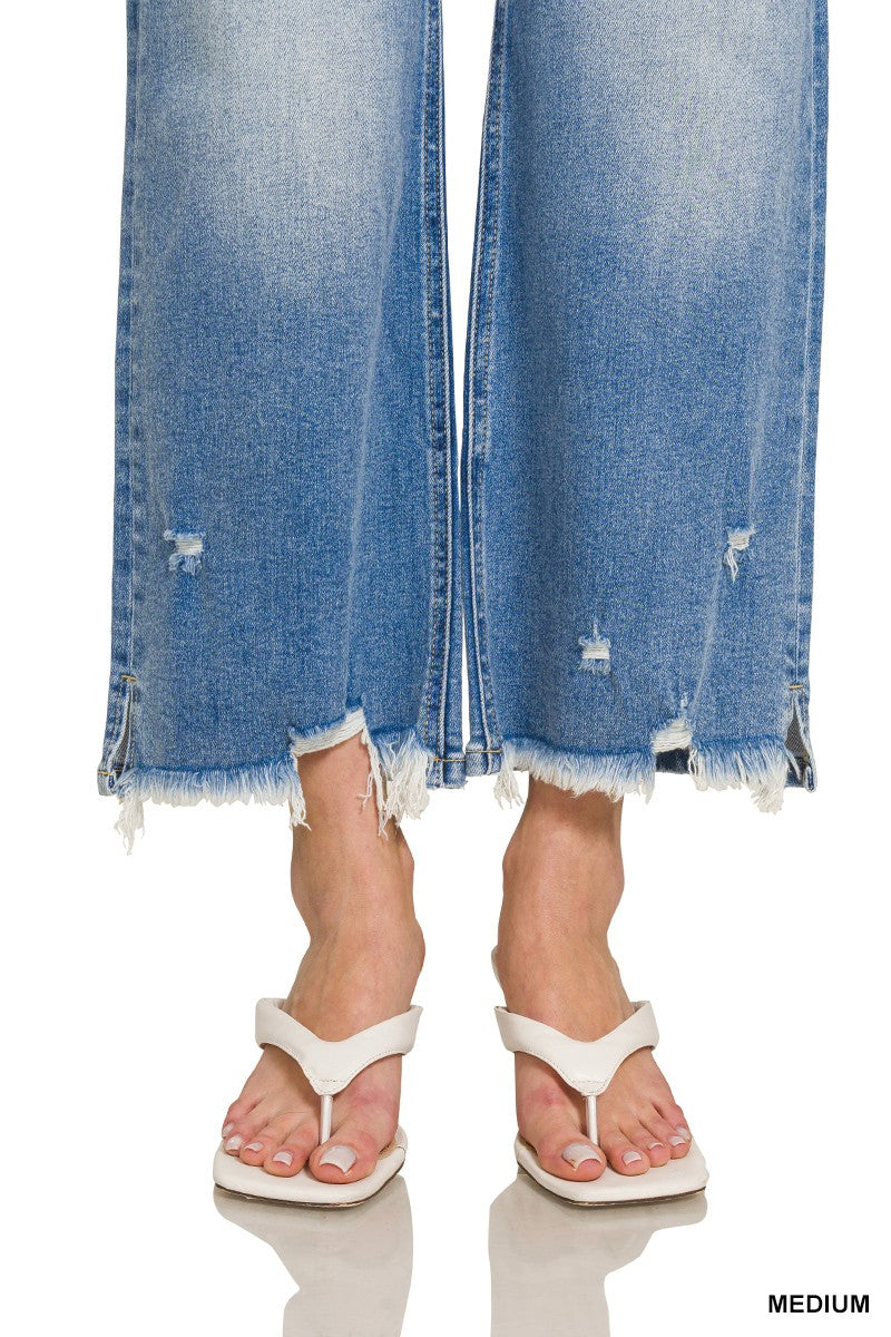 Distressed Raw Hem Medium Blue Denim Pants
