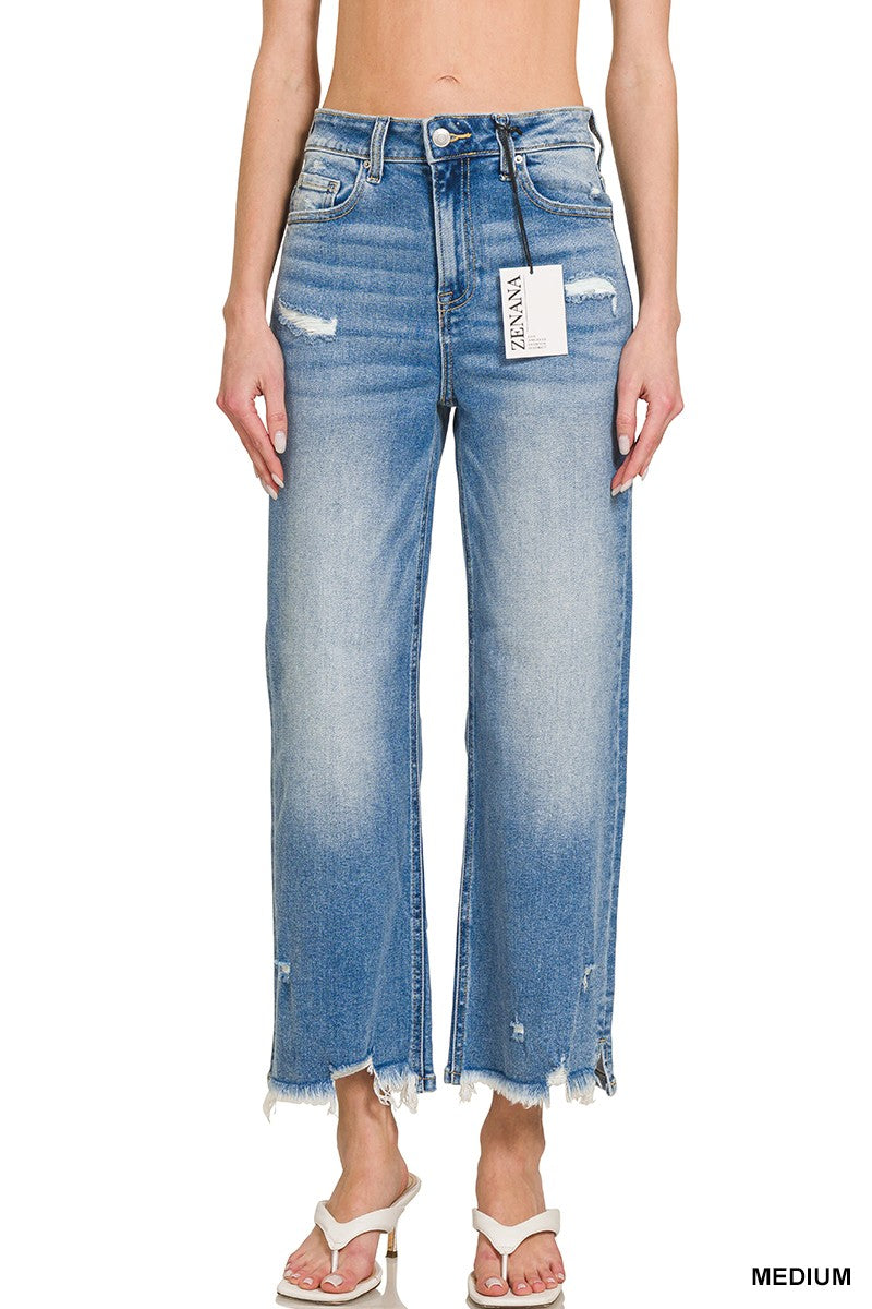 Distressed Raw Hem Medium Blue Denim Pants