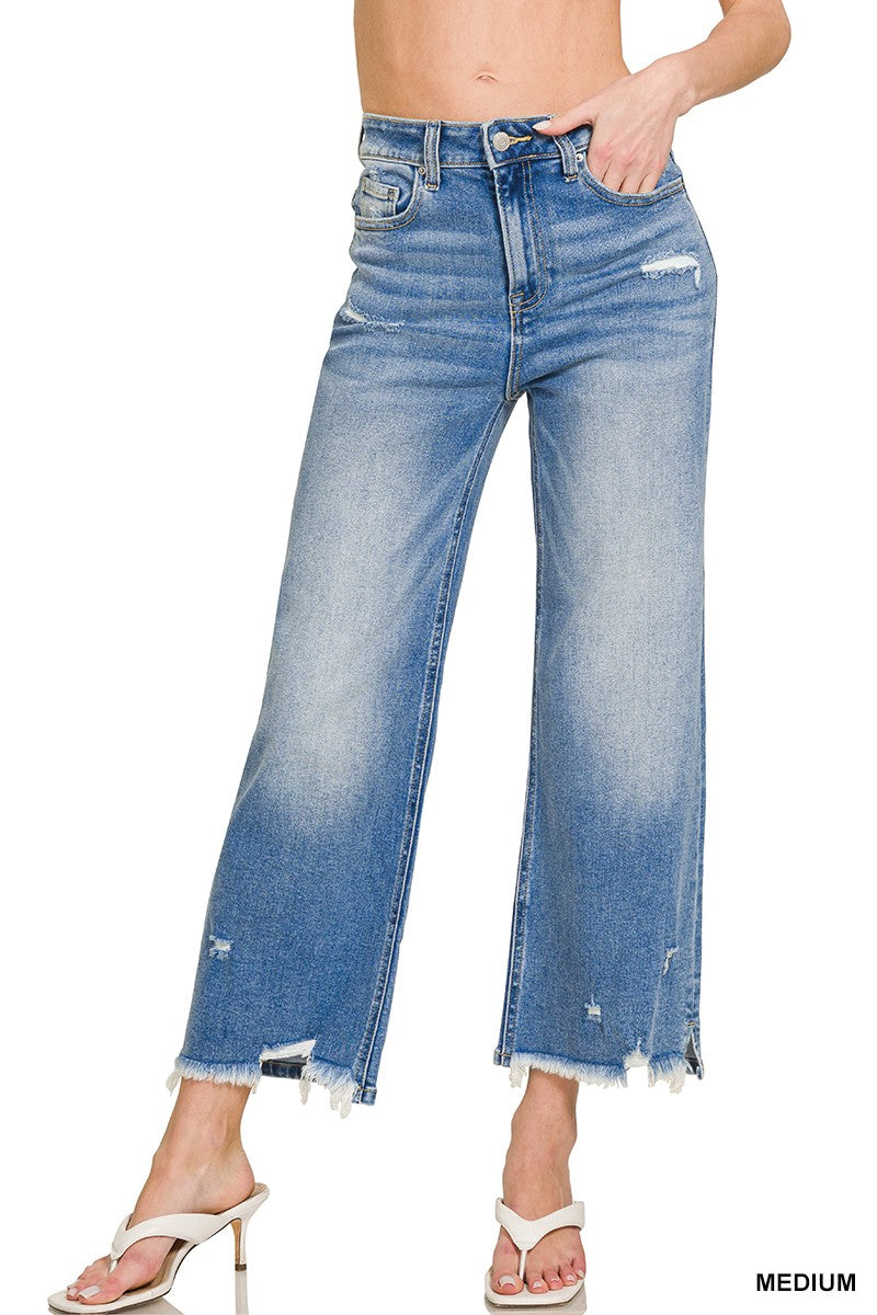 Distressed Raw Hem Medium Blue Denim Pants