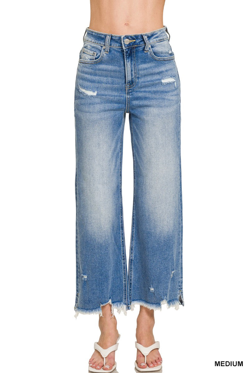 Distressed Raw Hem Medium Blue Denim Pants