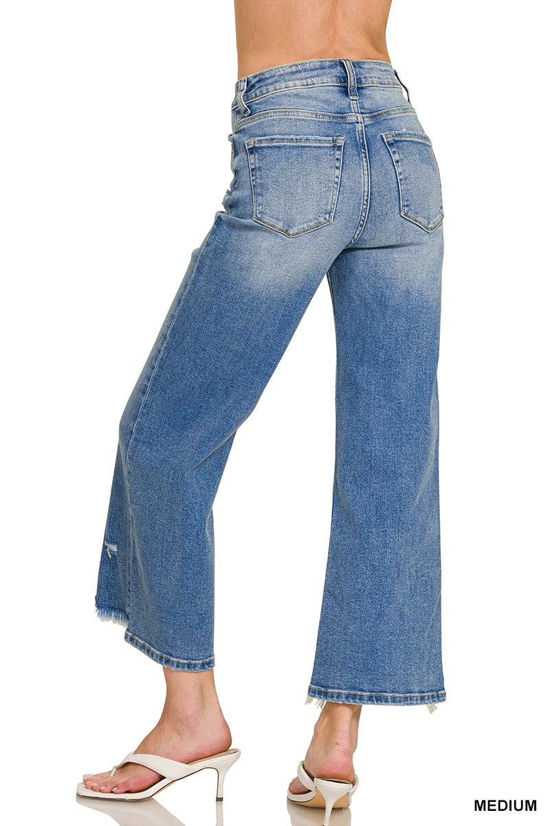 Distressed Raw Hem Medium Blue Denim Pants