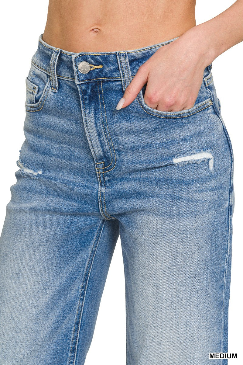Distressed Raw Hem Medium Blue Denim Pants