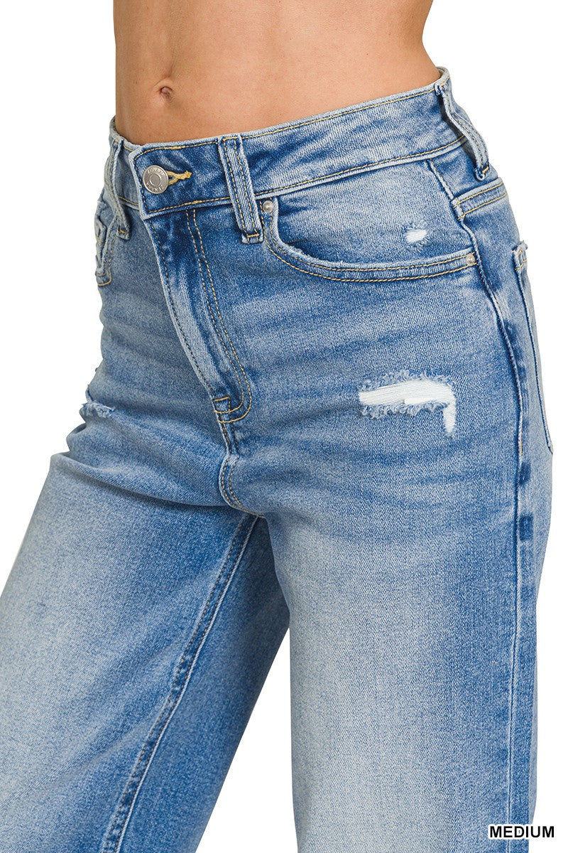 Distressed Raw Hem Medium Blue Denim Pants