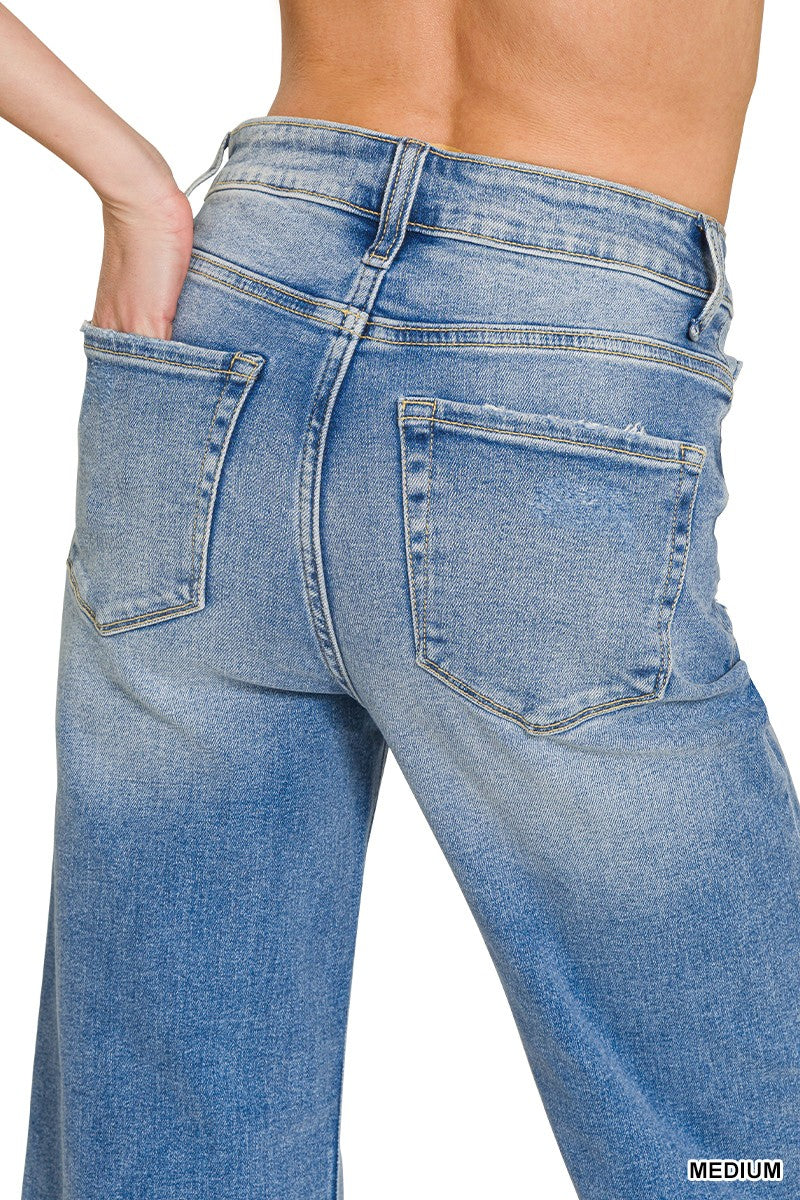 Distressed Raw Hem Medium Blue Denim Pants