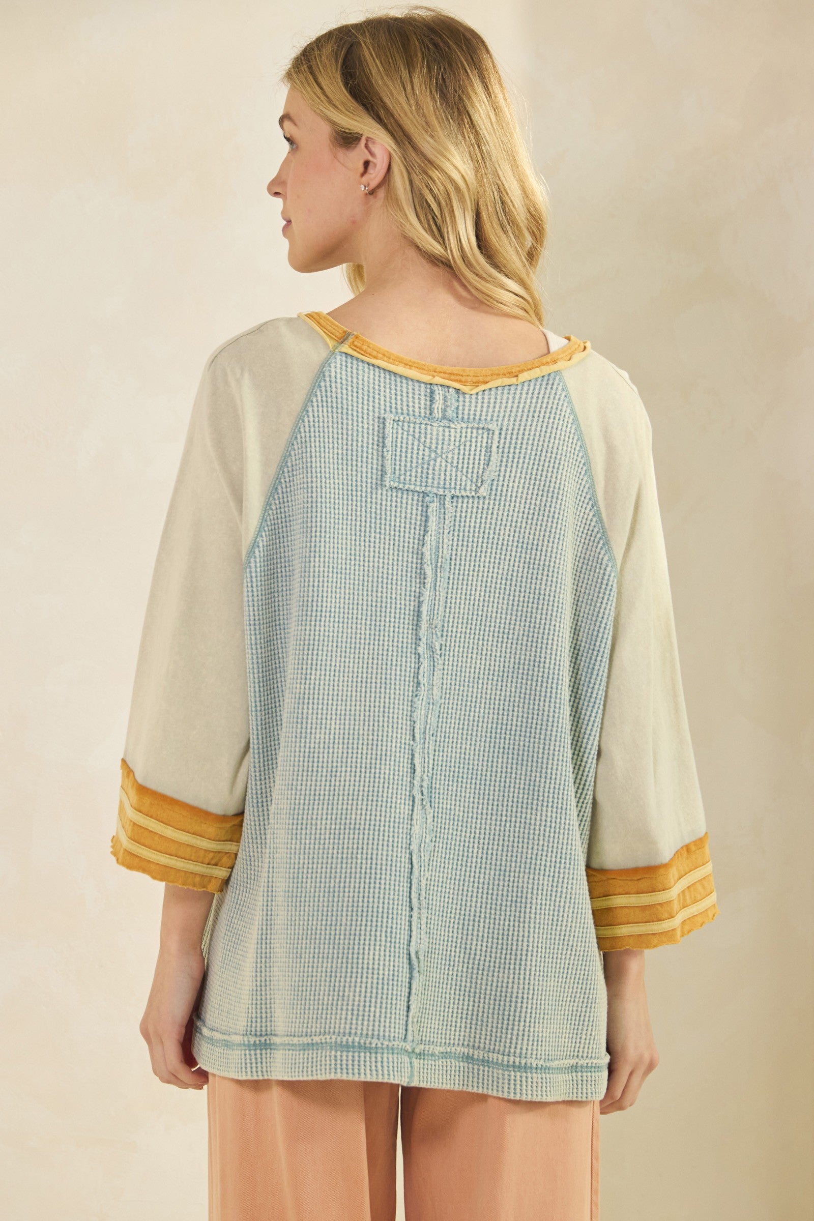 Boho Waffle-Knit Dusty Blue Colorblock Raglan Top