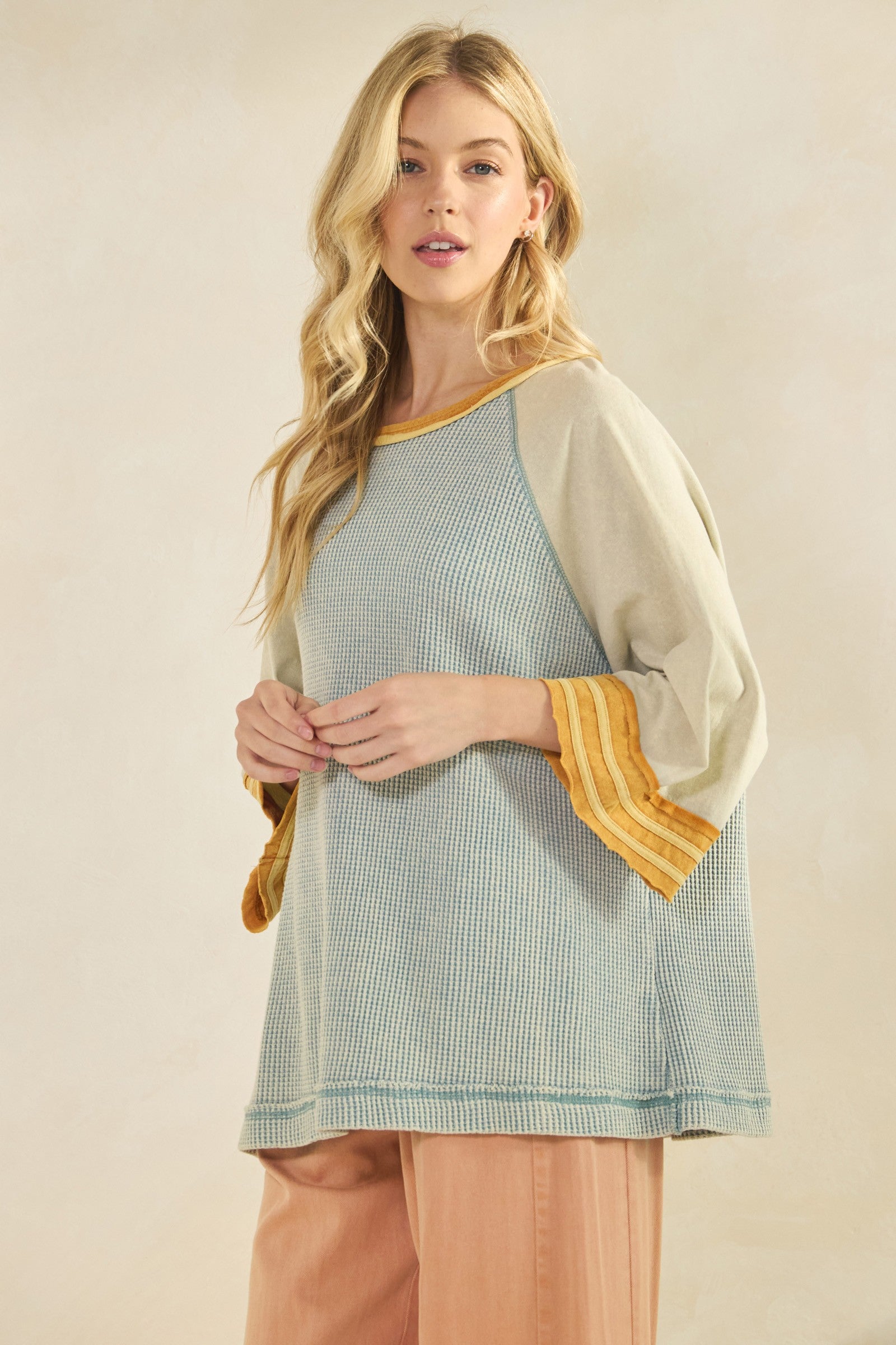 Boho Waffle-Knit Dusty Blue Colorblock Raglan Top