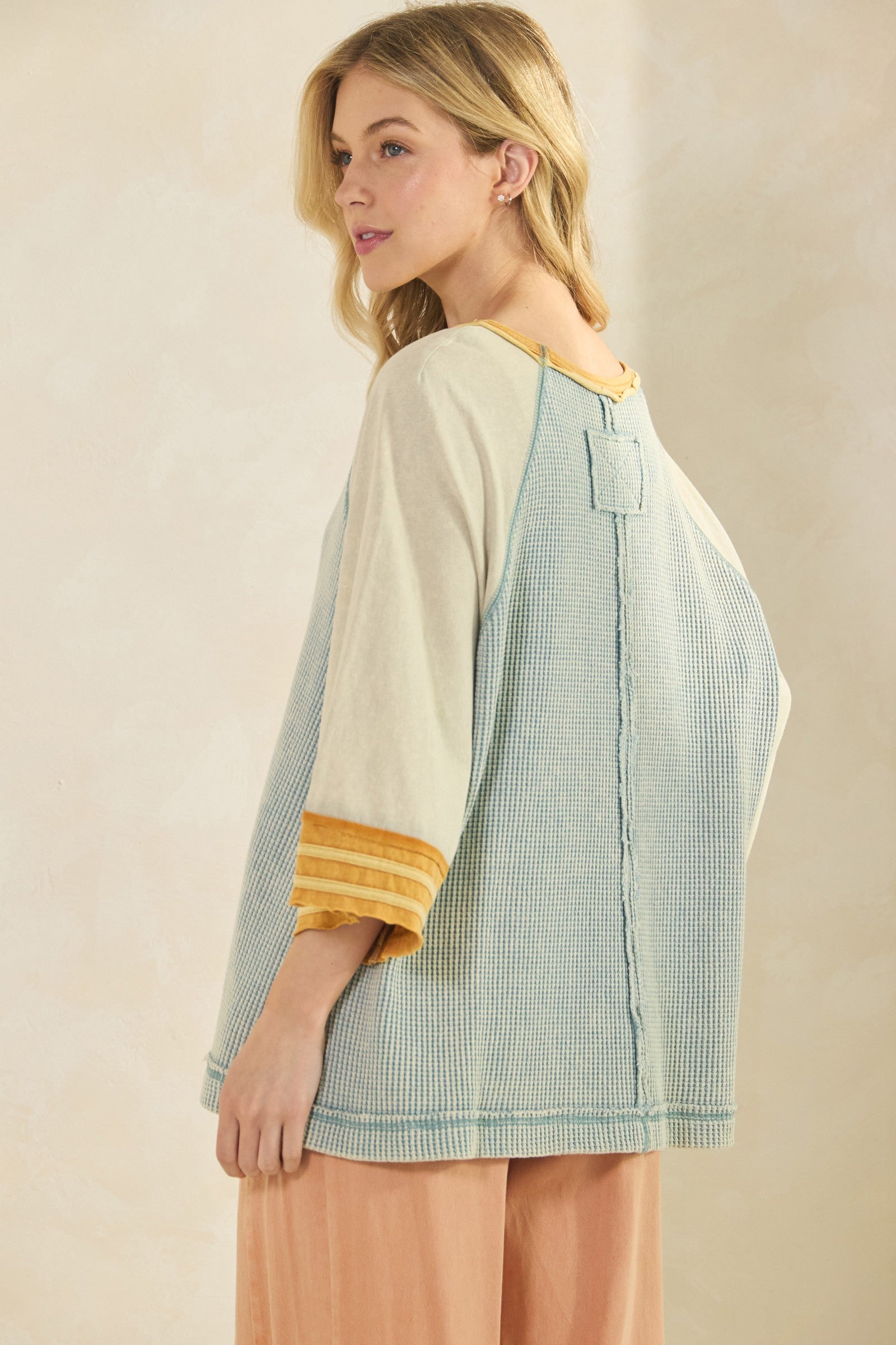 Boho Waffle-Knit Dusty Blue Colorblock Raglan Top