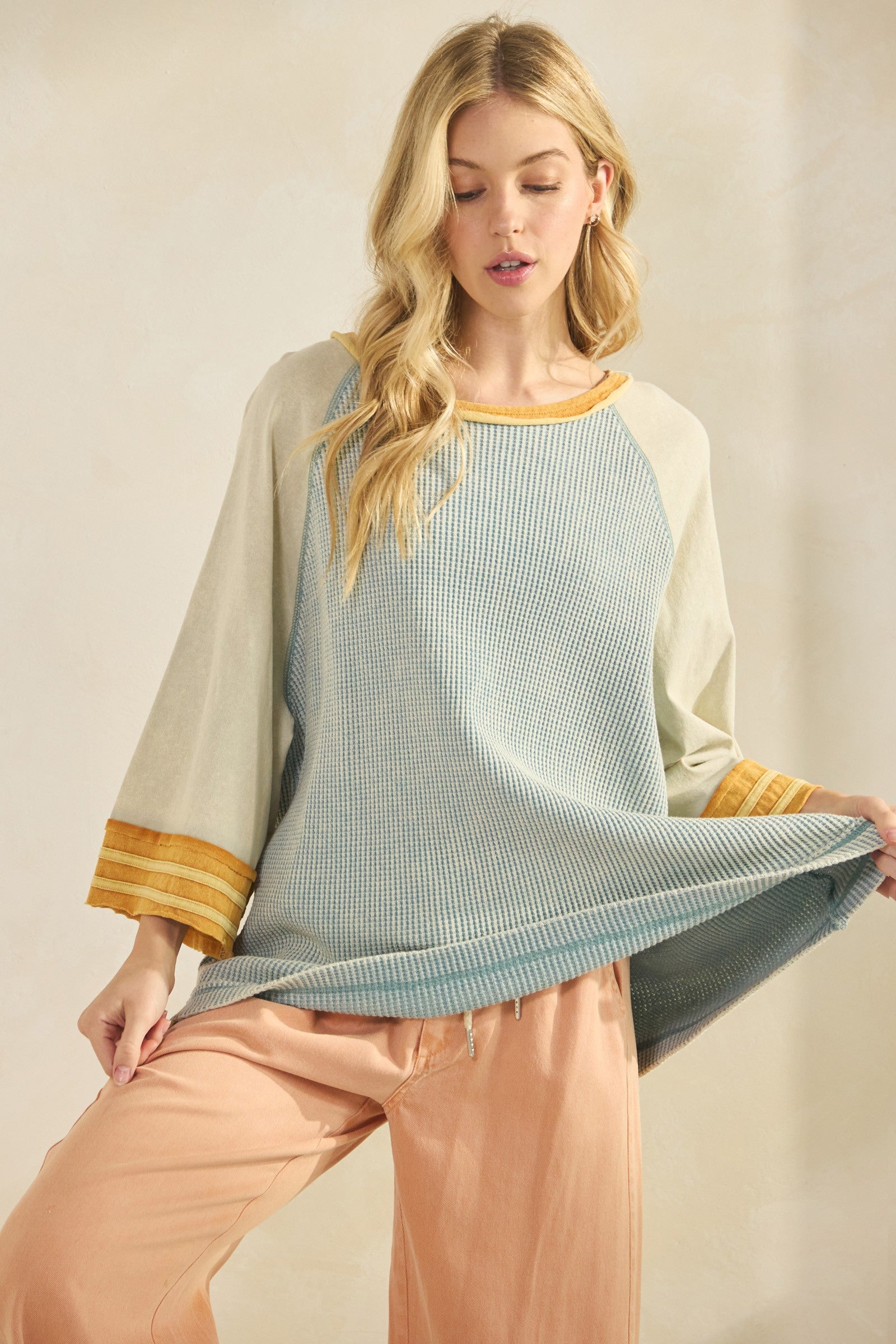 Boho Waffle-Knit Dusty Blue Colorblock Raglan Top
