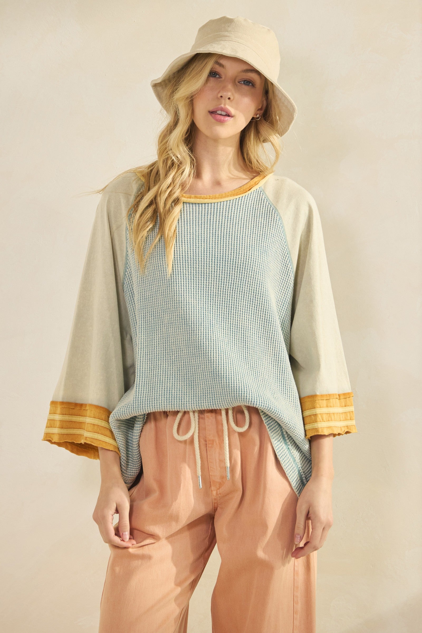 Boho Waffle-Knit Dusty Blue Colorblock Raglan Top