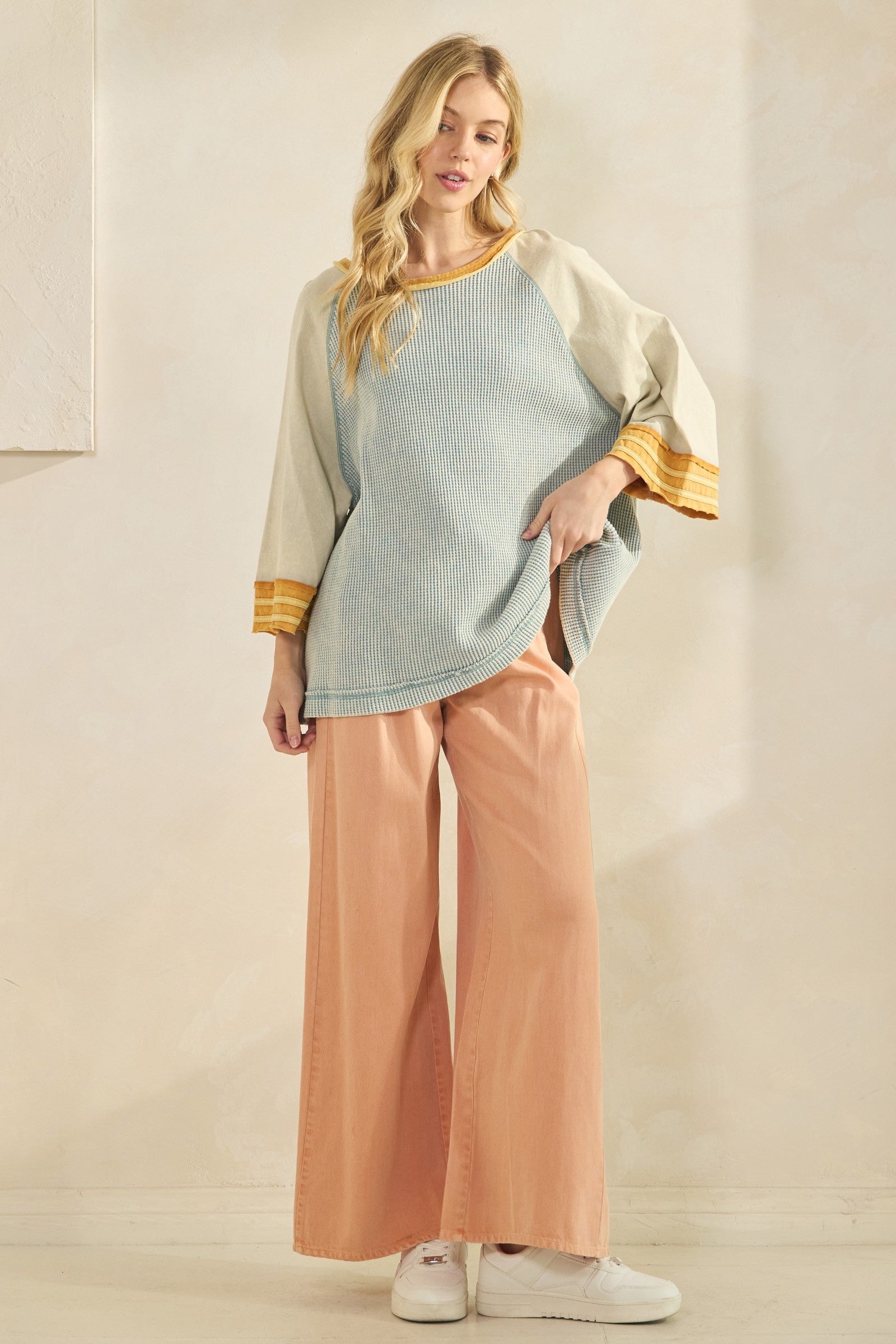 Boho Waffle-Knit Dusty Blue Colorblock Raglan Top